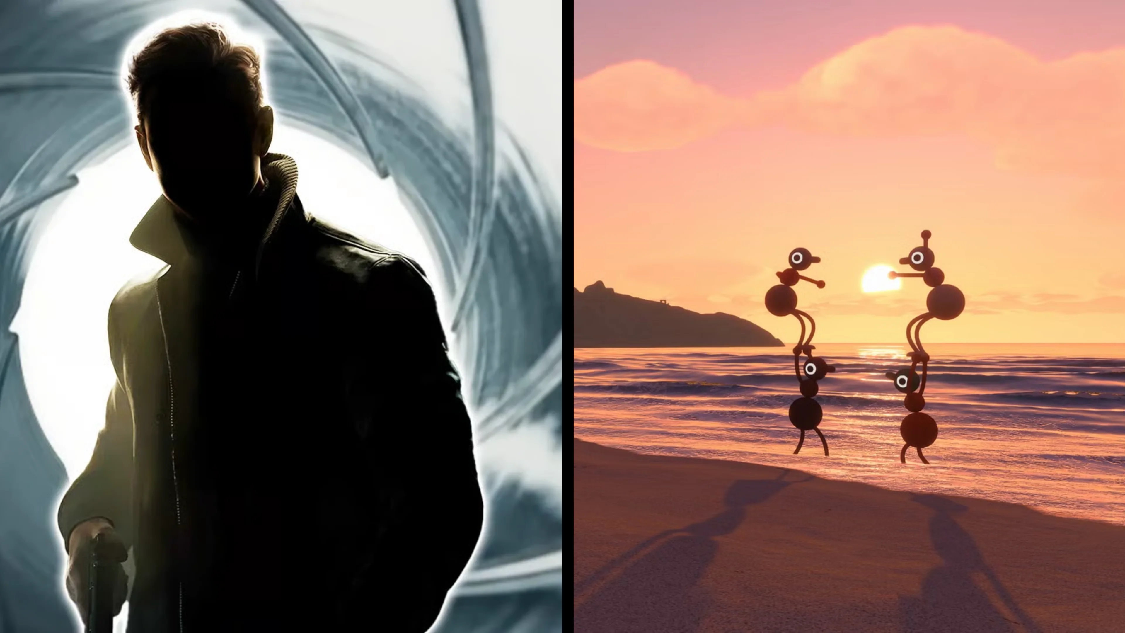 James Bond silhouette from 007 First Light appears beside four Big Walk characters balancing on a beach at sunset.