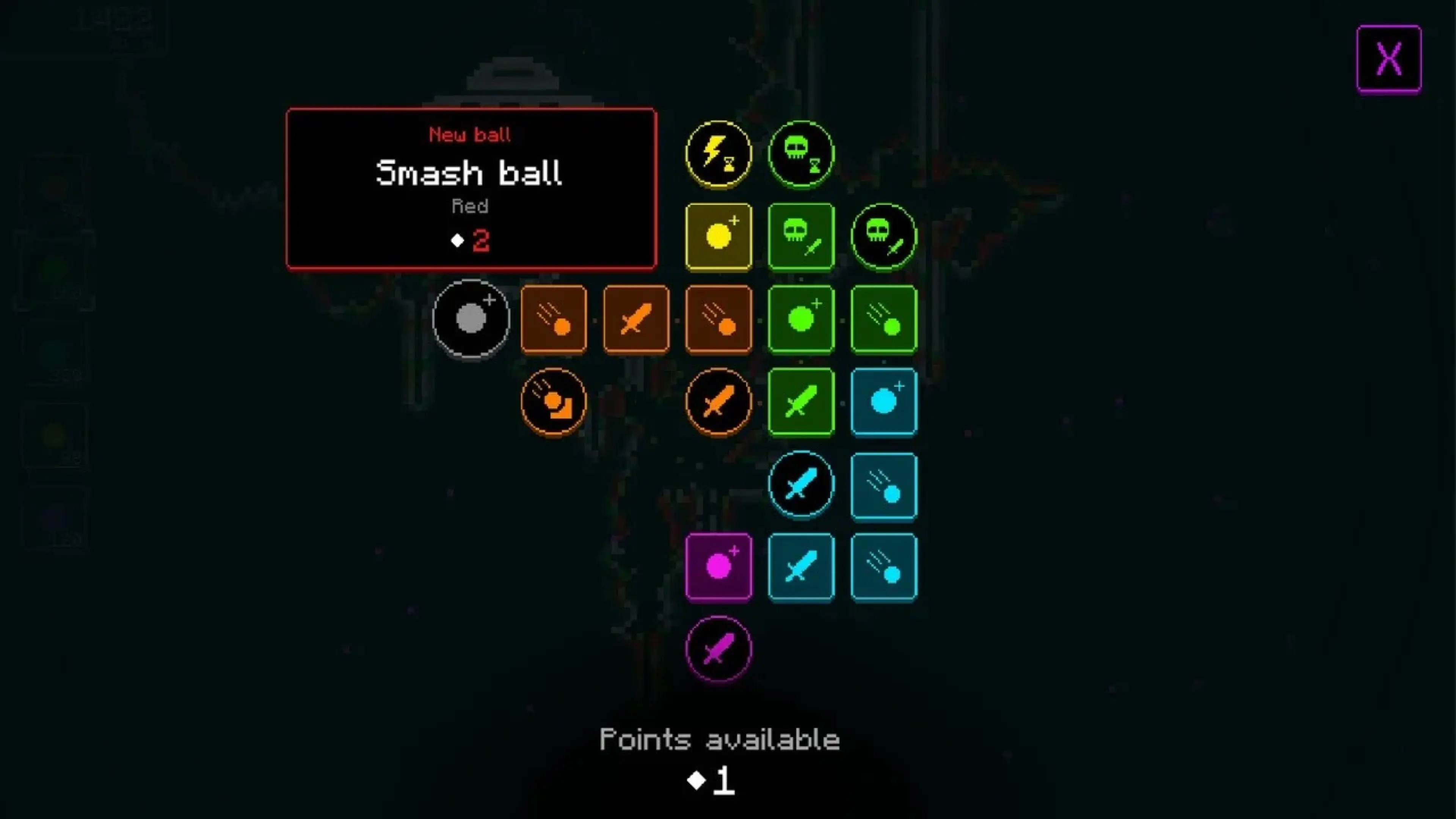 Colorful ball upgrades and abilities in the 10 Million Pixels skill tree