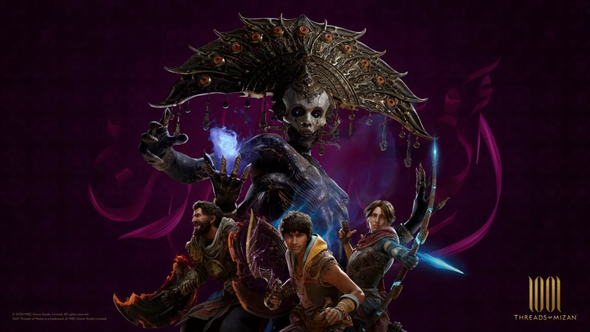 Three heroes standing beneath a giant jinn in 1001 Threads of Mizan artwork.