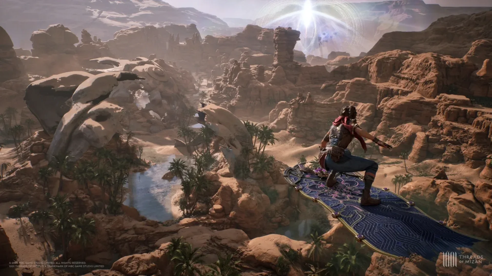 Hero riding a flying carpet above a desert in 1001 Threads of Mizan.