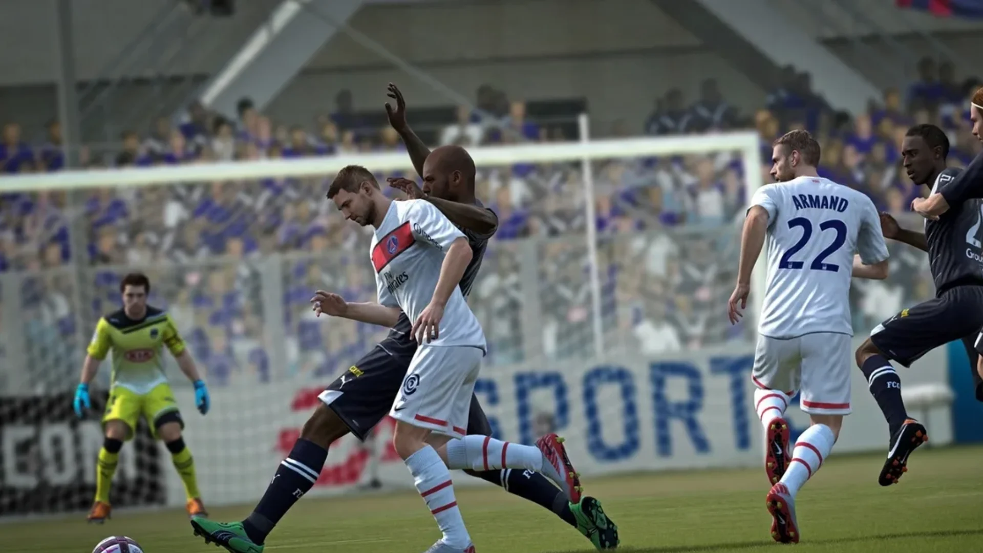 FIFA 12 gameplay showing two footballers battling for possession near the penalty area as teammates move around them.