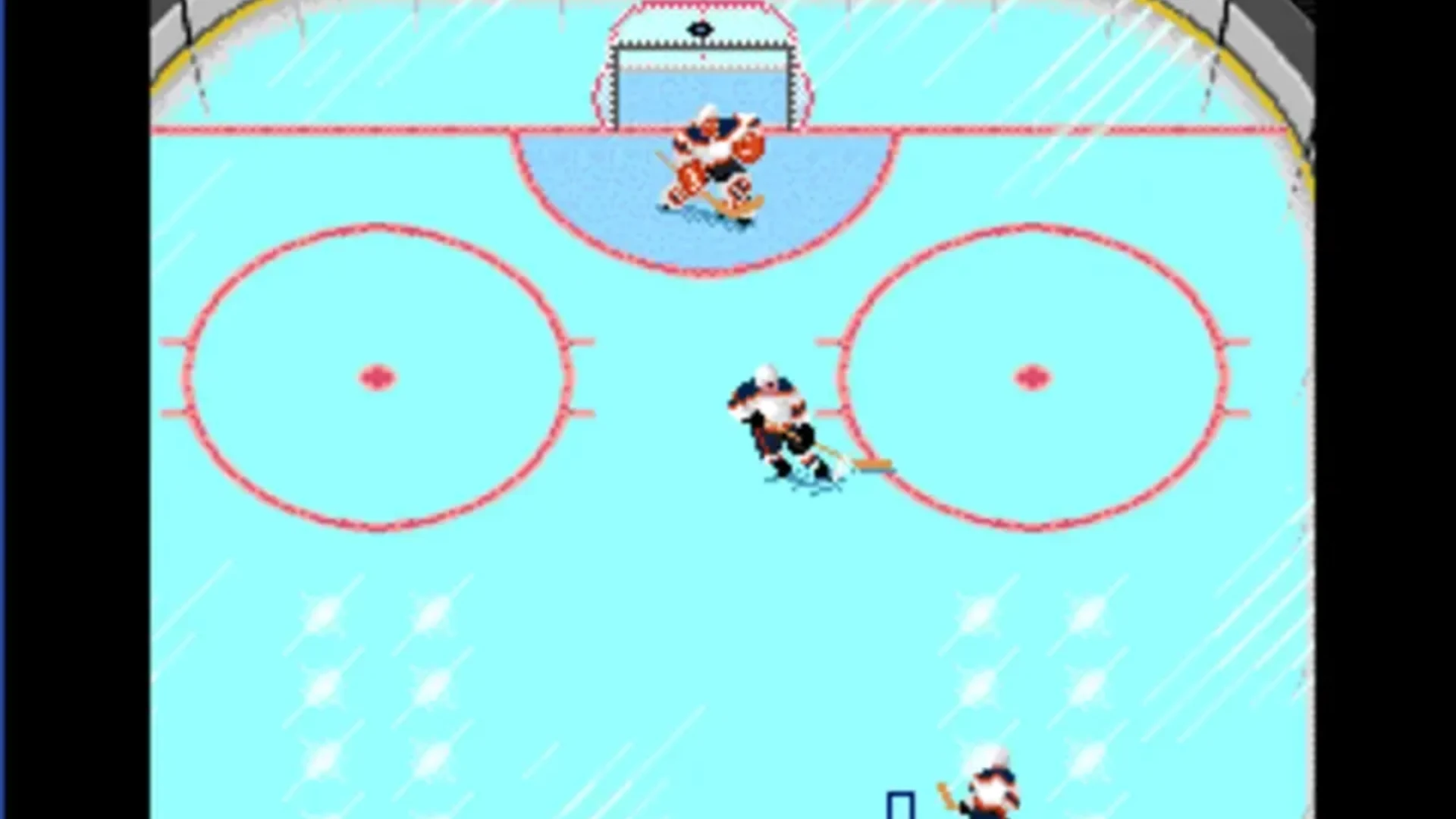 NHL '94 gameplay showing players skating toward goal on a bright blue ice rink from a top-down perspective.