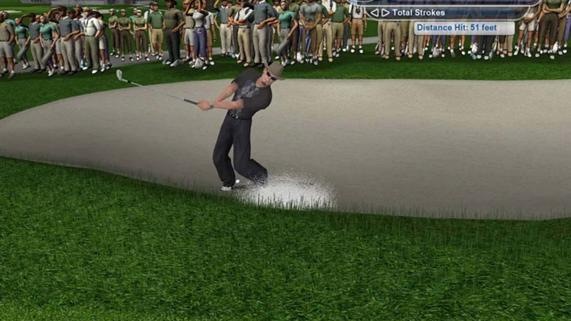 Tiger Woods PGA Tour 2004 gameplay showing a golfer playing a shot from a sand bunker as spectators watch.
