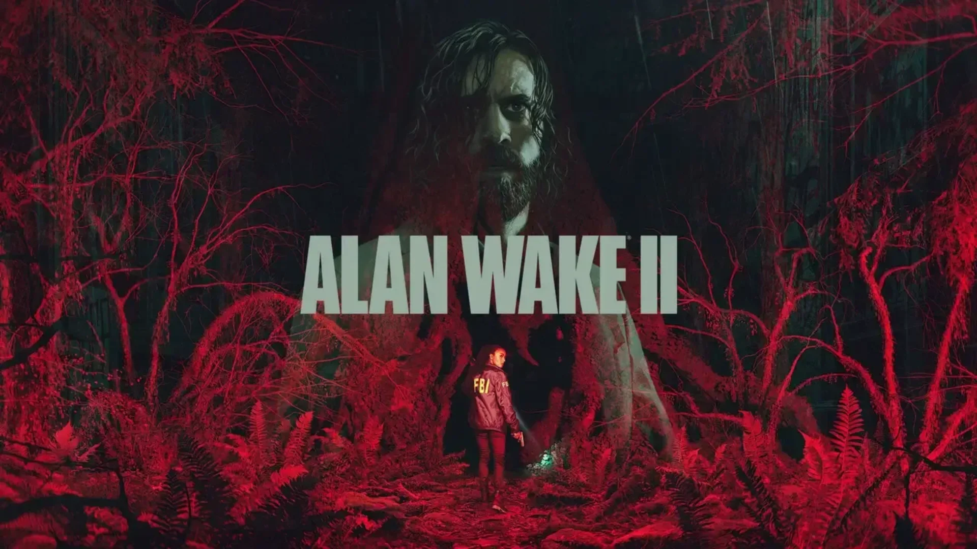 Alan Wake II key art shows Saga Anderson in a red forest with Alan Wake’s face looming above the title.