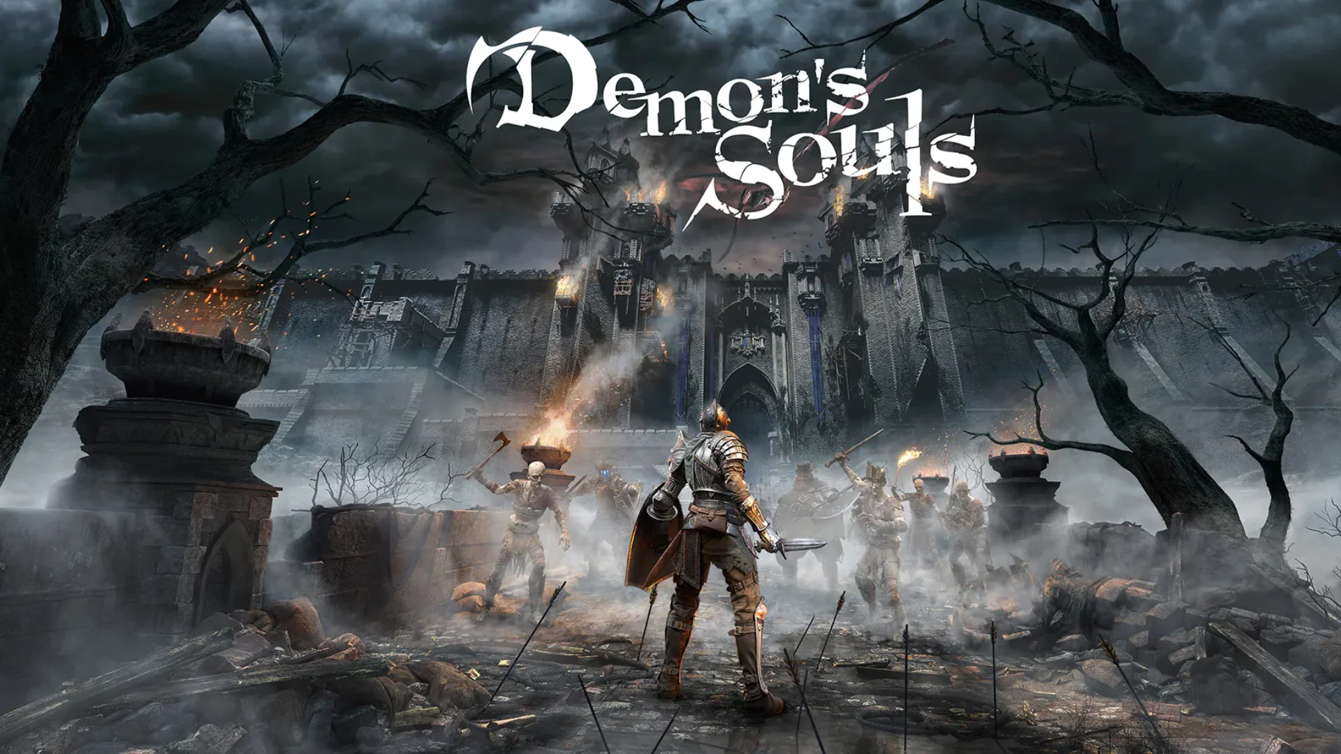 Demon’s Souls key art shows a knight facing enemies outside a dark castle under storm clouds.