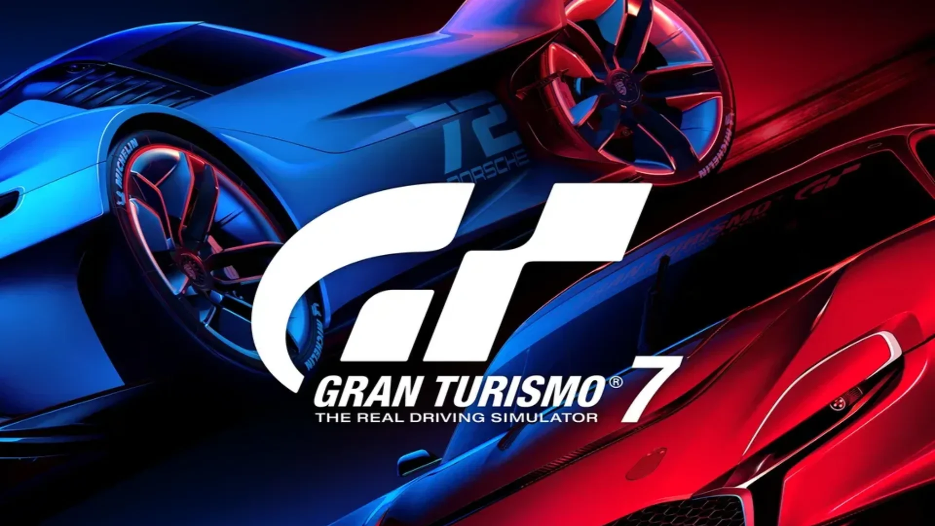 Gran Turismo 7 key art shows blue and red sports cars behind the game logo.