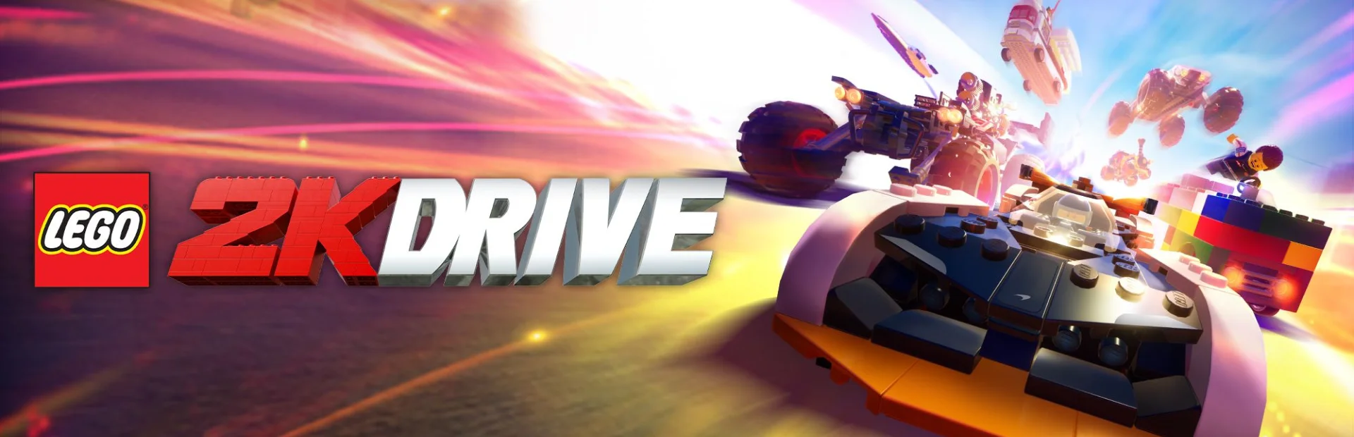 LEGO 2K Drive key art shows LEGO vehicles racing at high speed beside the game logo.