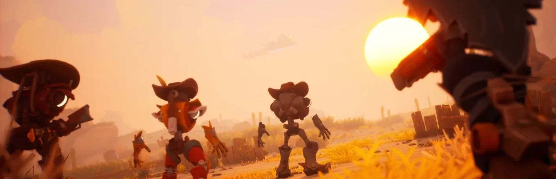Robot cowboys stand in a dusty western town at sunset while an armed figure watches from the foreground.
