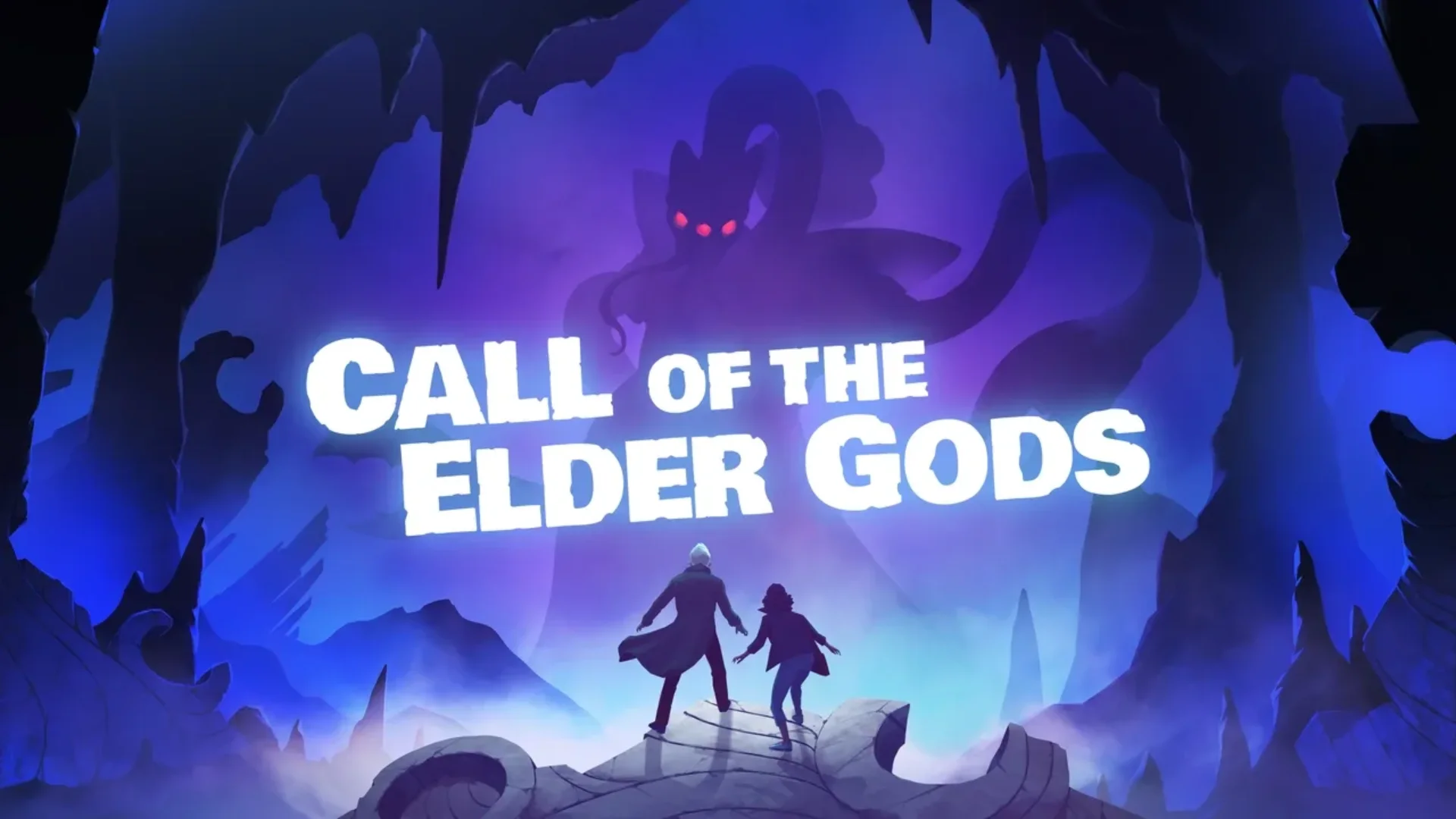 Call of the Elder Gods key art shows two figures facing a huge tentacled creature in a glowing cave.