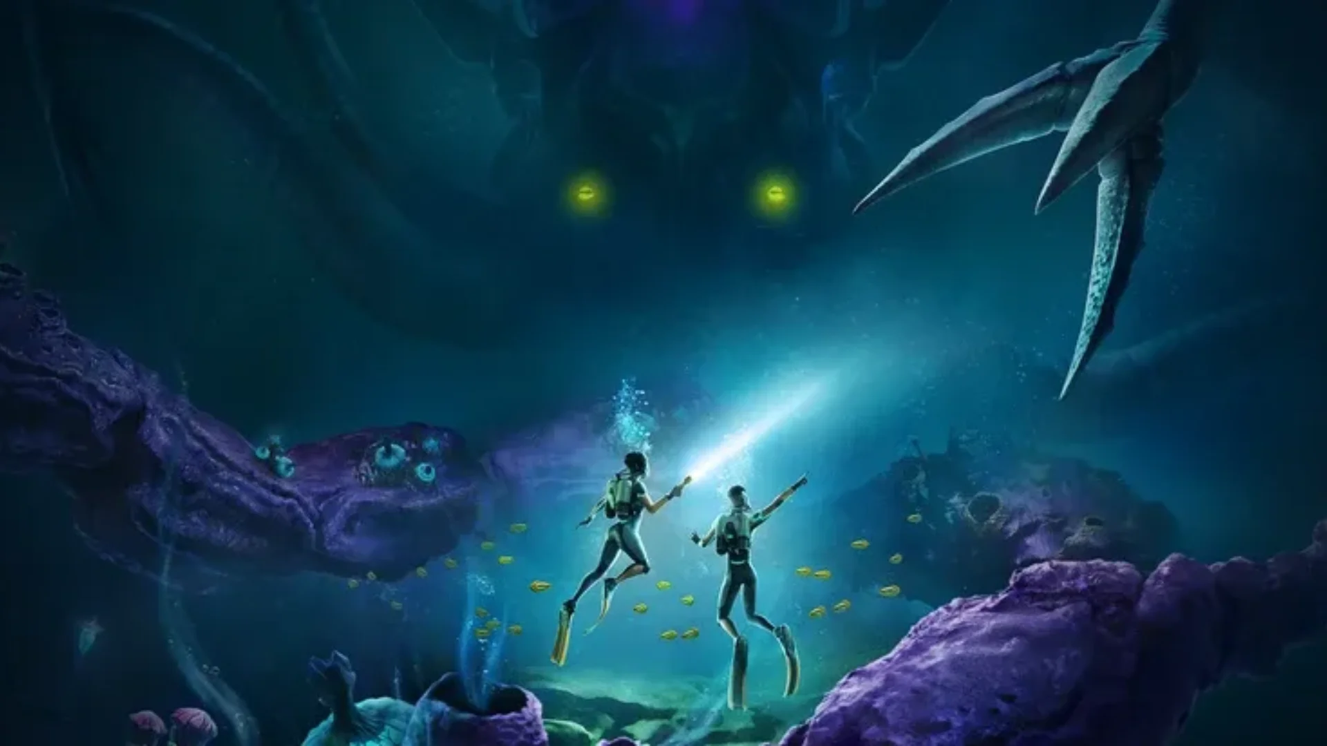 Subnautica 2 key art shows alien sea life, coral, a submersible, and the game logo in an underwater world.