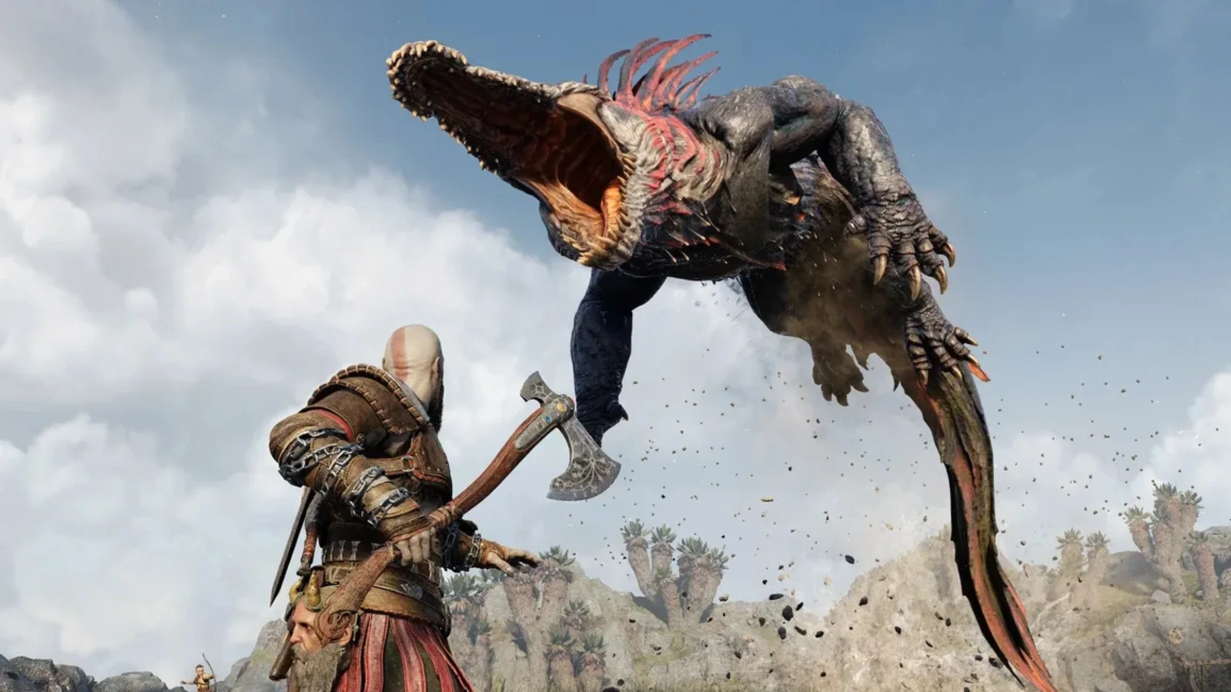 Kratos raises his axe as a large reptilian creature leaps toward him in combat.