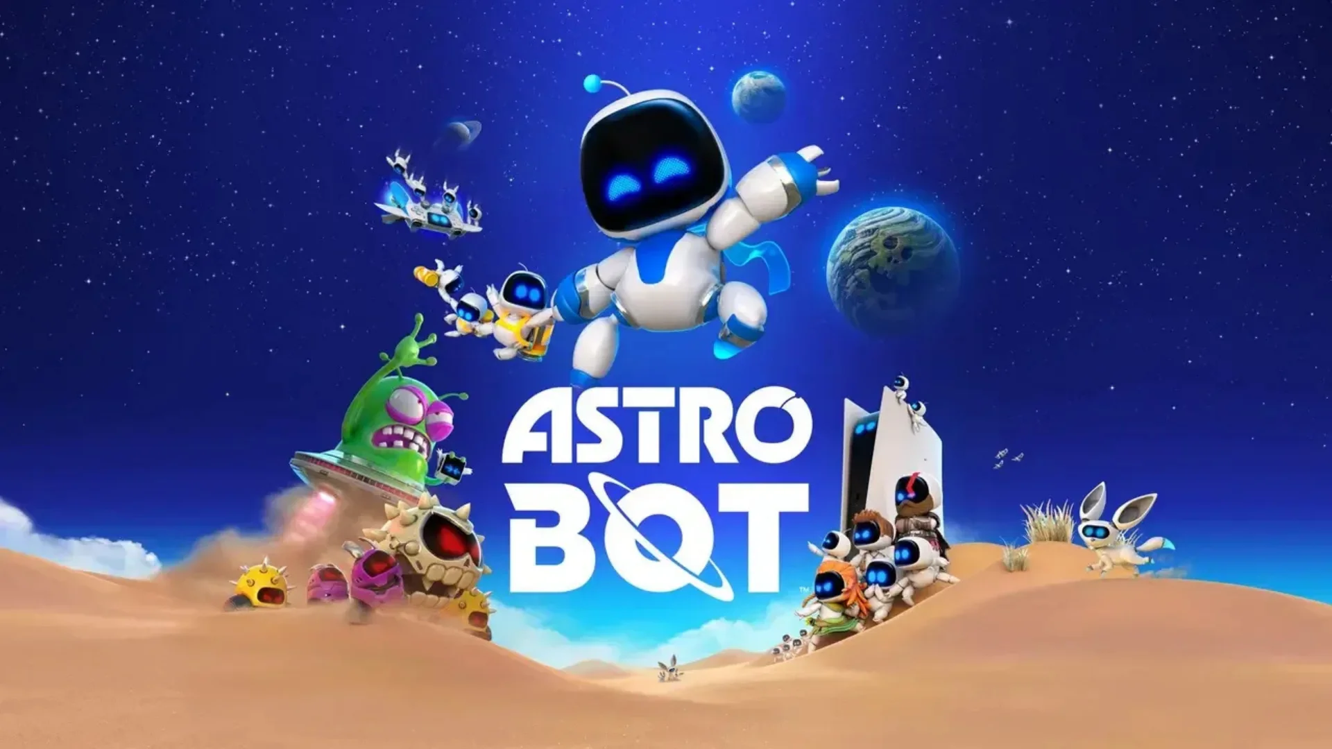 Astro Bot key art shows Astro flying through space with small bots, planets, enemies, and the game logo.