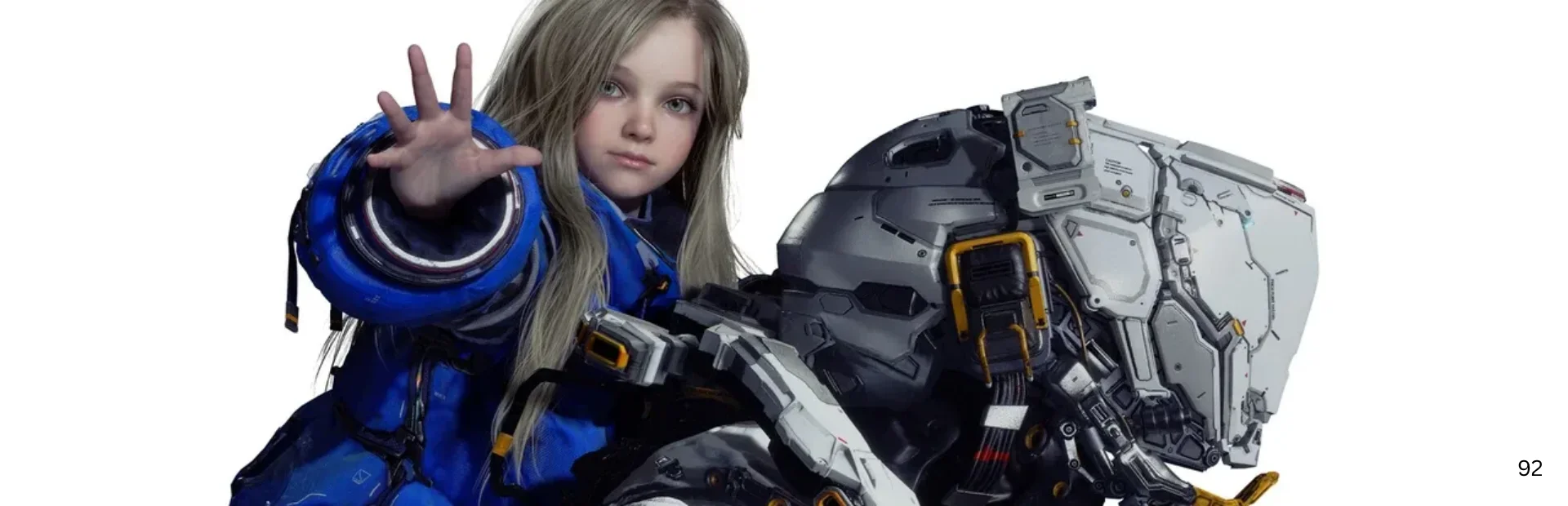 Diana stands beside a large futuristic robot in Pragmata artwork on a white background. background