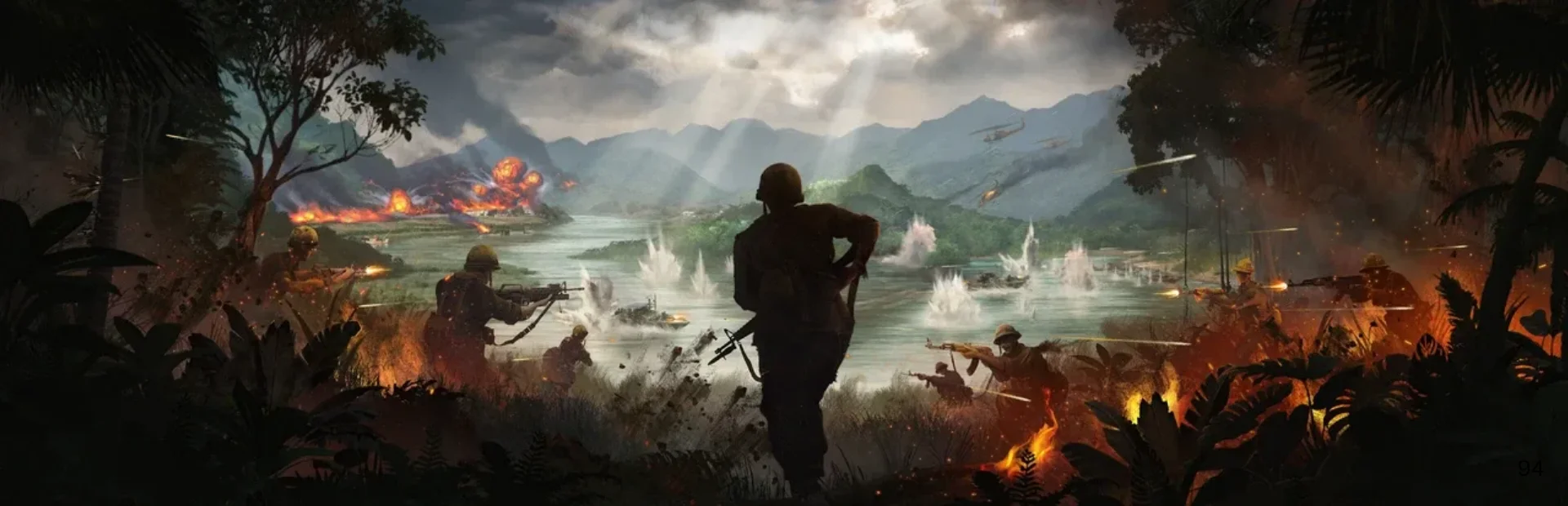 Soldiers fight through jungle warfare with explosions, gunfire, helicopters, and river combat in the distance. background