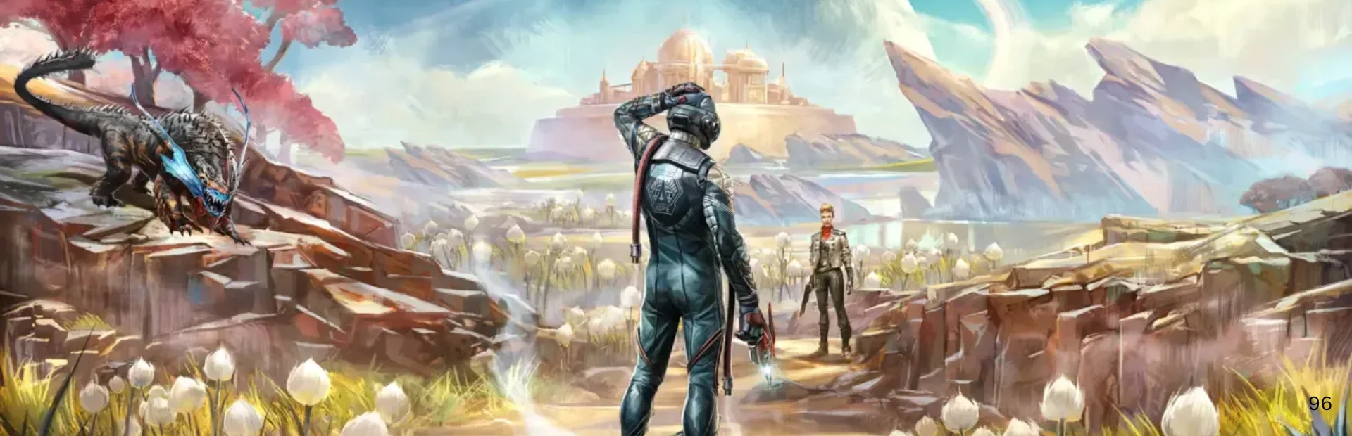 A character from The Outer Worlds aims a pistol in front of snowy mountains and a large estate. background