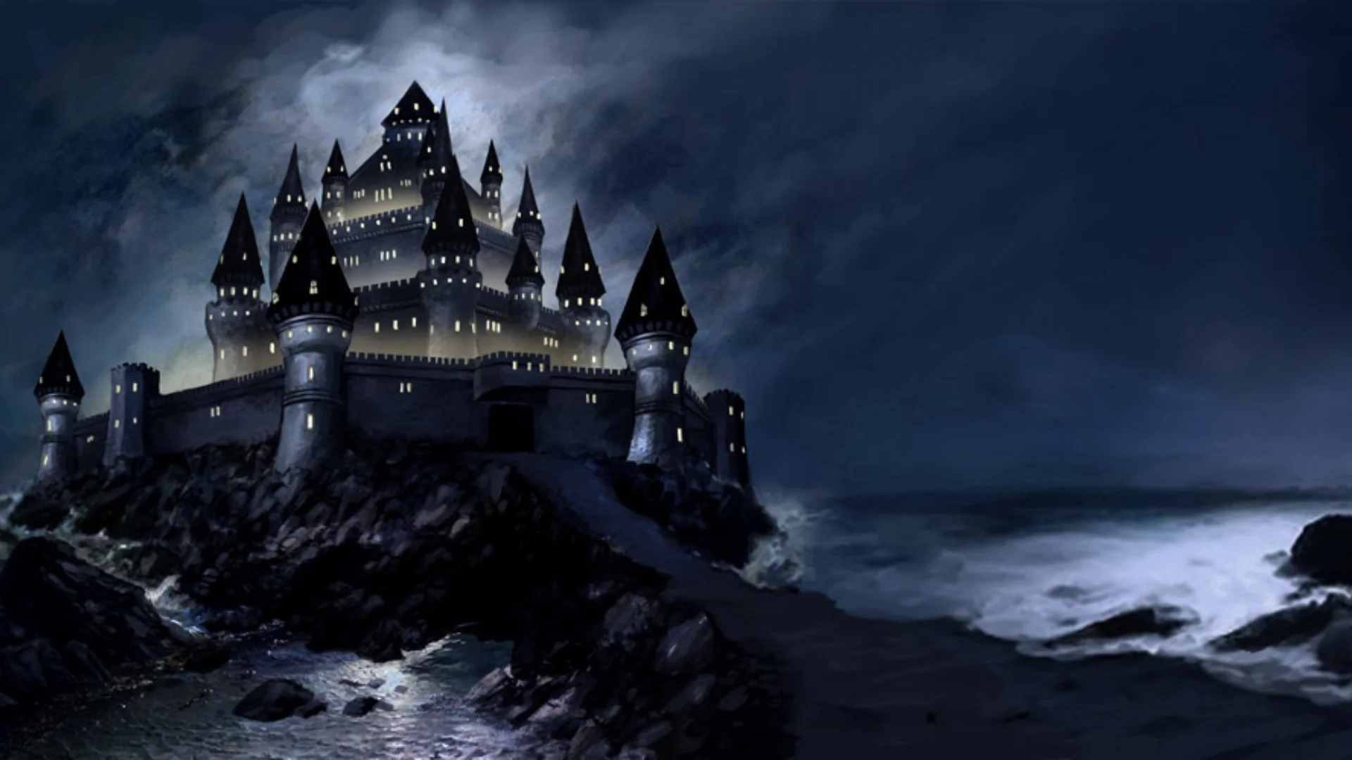 Candlekeep rises over a stormy coastline under a dark night sky