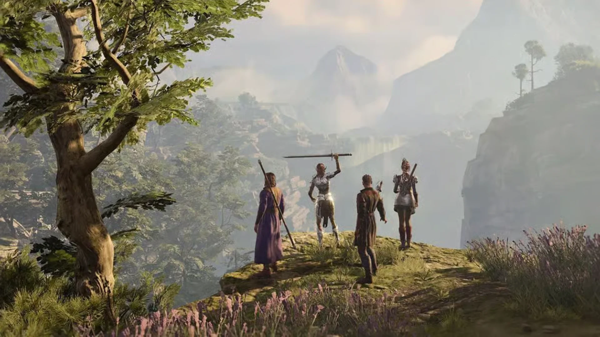 A Baldur’s Gate party looks across a wide cliffside landscape
