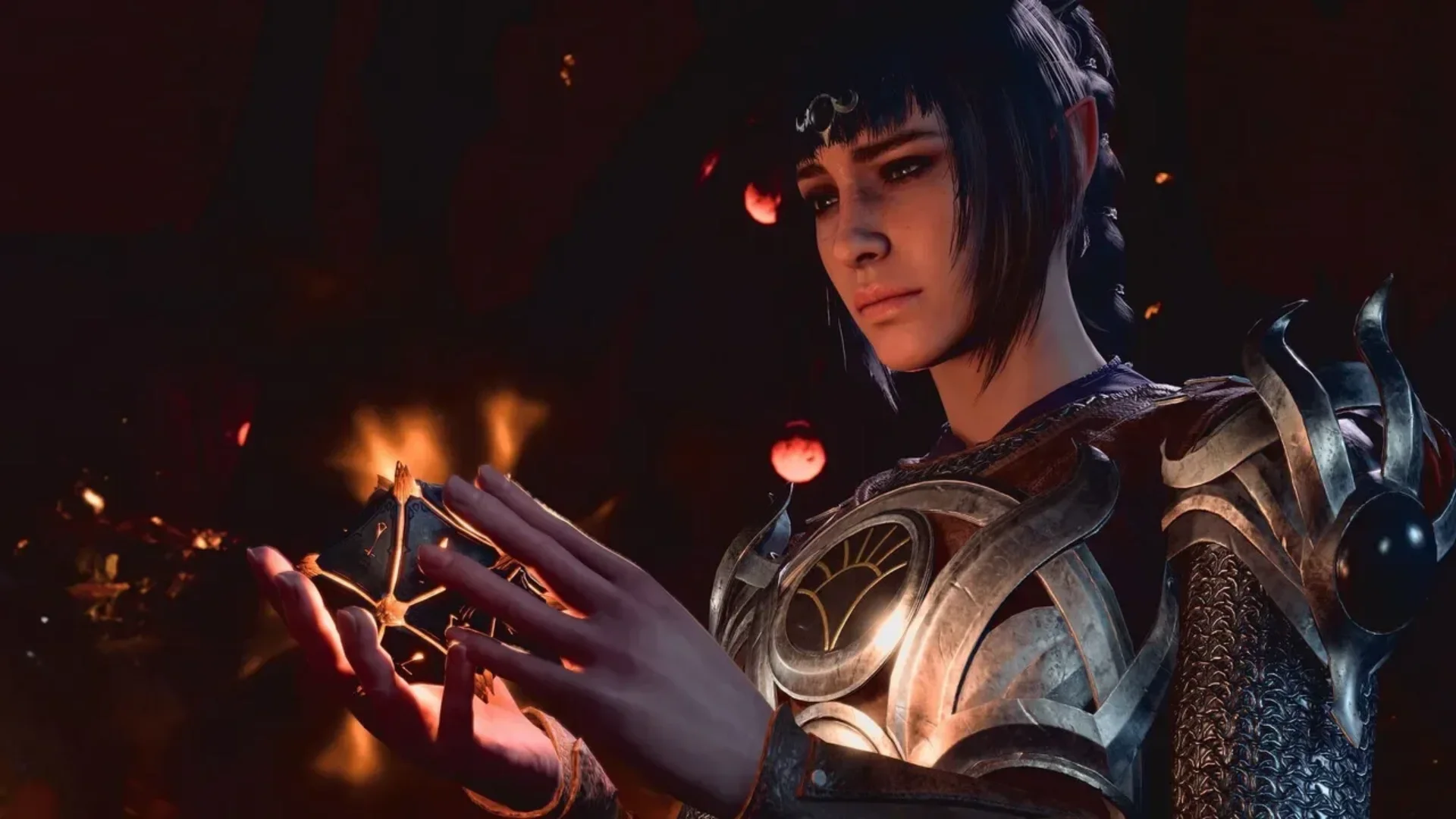 A Baldur’s Gate companion holds a glowing artifact in a dark fantasy scene