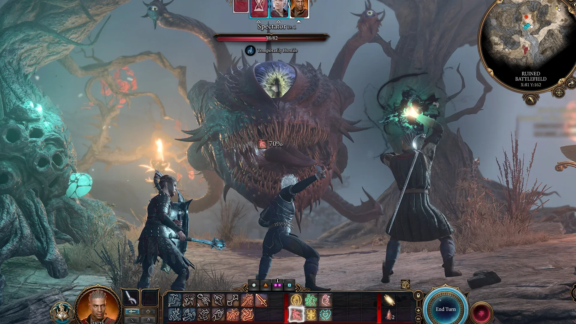 A party battles a large spectator monster in a Baldur’s Gate combat encounter