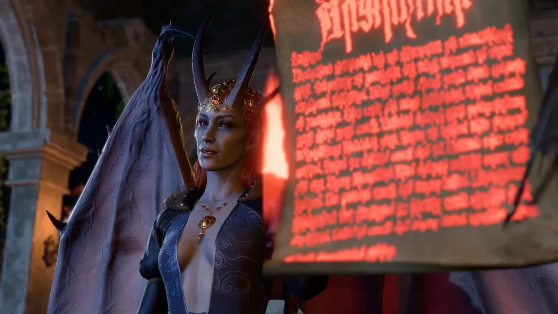 A winged devil woman holds a glowing red contract in a fantasy RPG scene