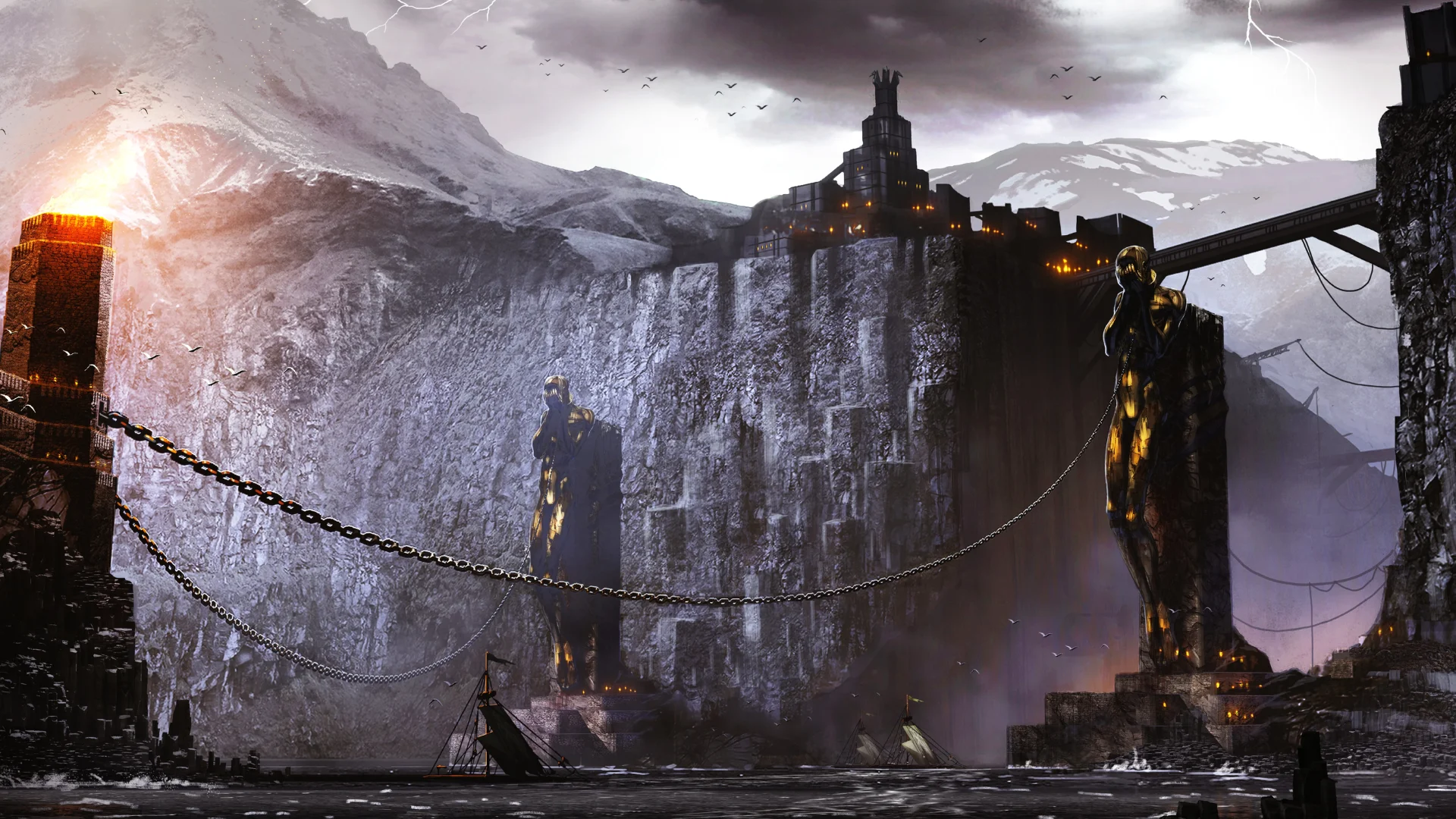 A dark fortress city rises between cliffs and chains in Dragon Age II concept art