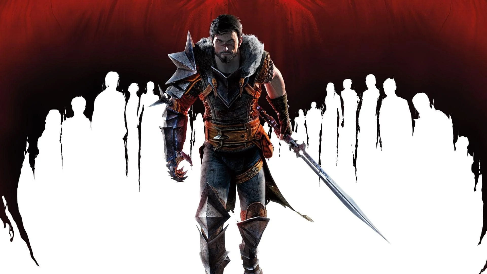 Hawke stands with a sword in front of shadowed figures in Dragon Age II art