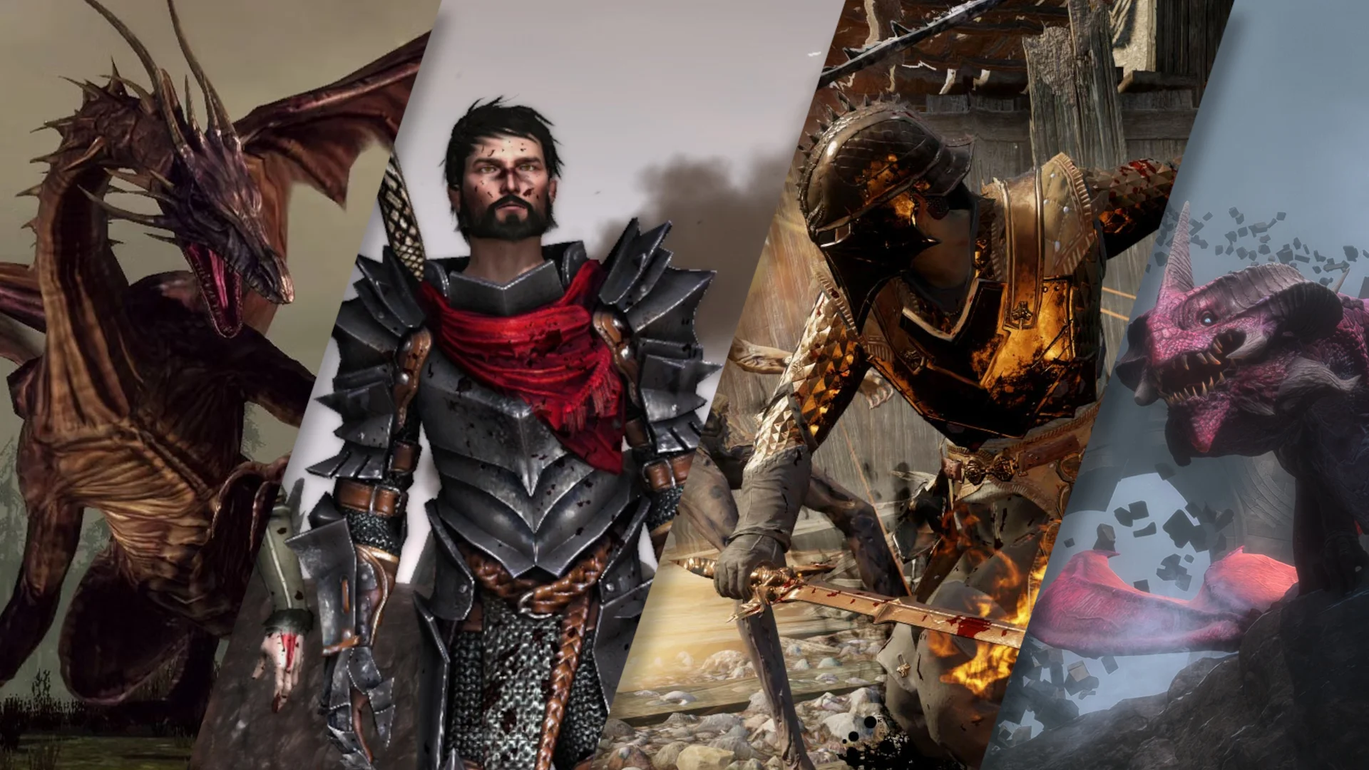 Dragon Age II characters and creatures appear in a collage of fantasy artwork