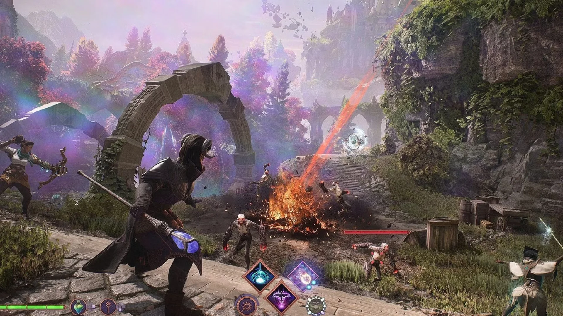Hawke and allies fight enemies in a colorful Dragon Age II battle scene