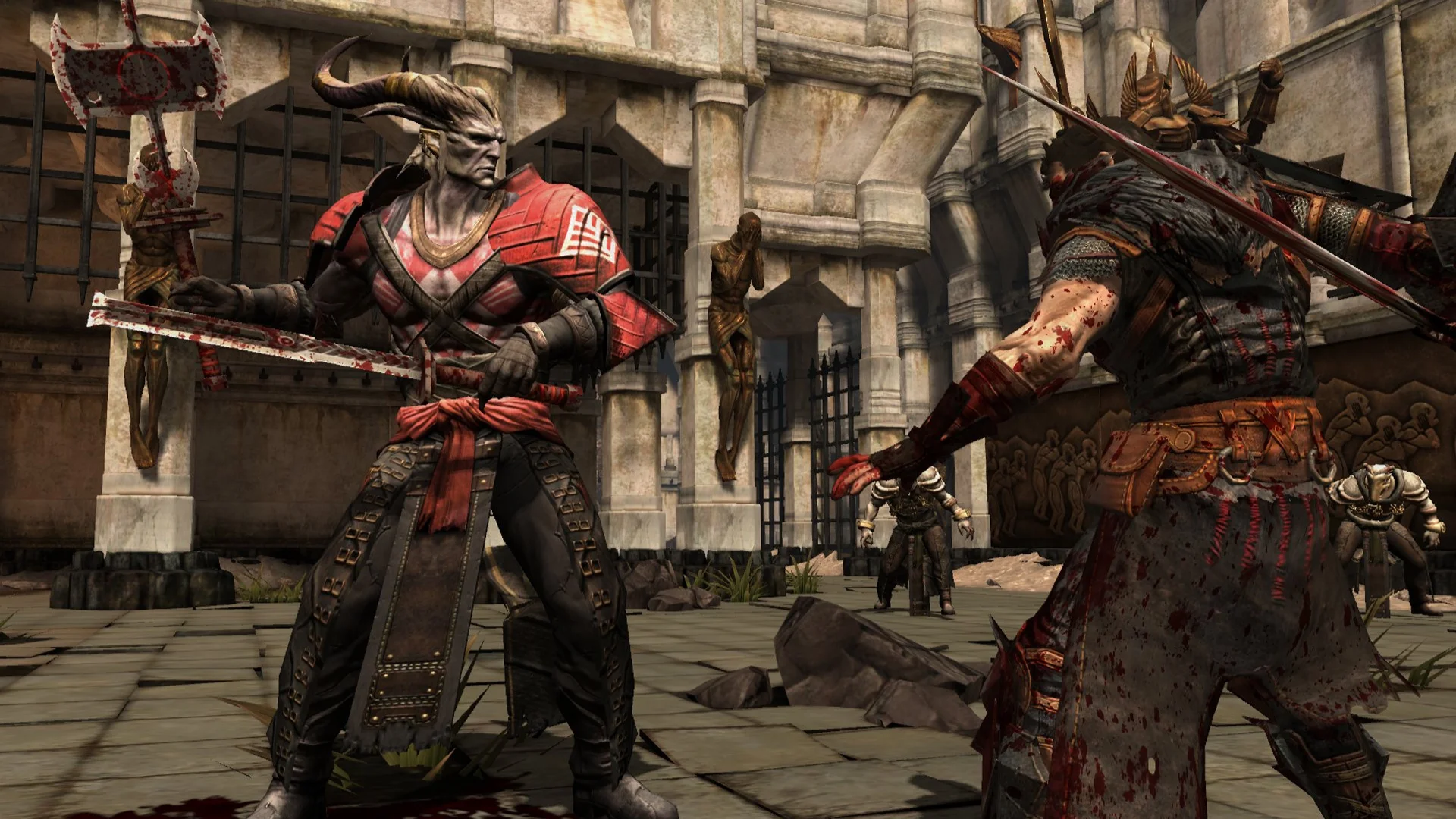 Hawke battles the Arishok in a bloodied Dragon Age II duel