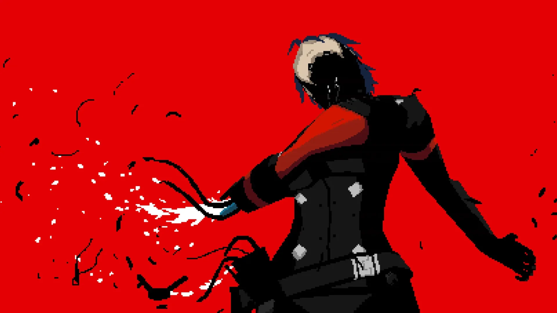 A pixel art character stands against a red background in Signalis