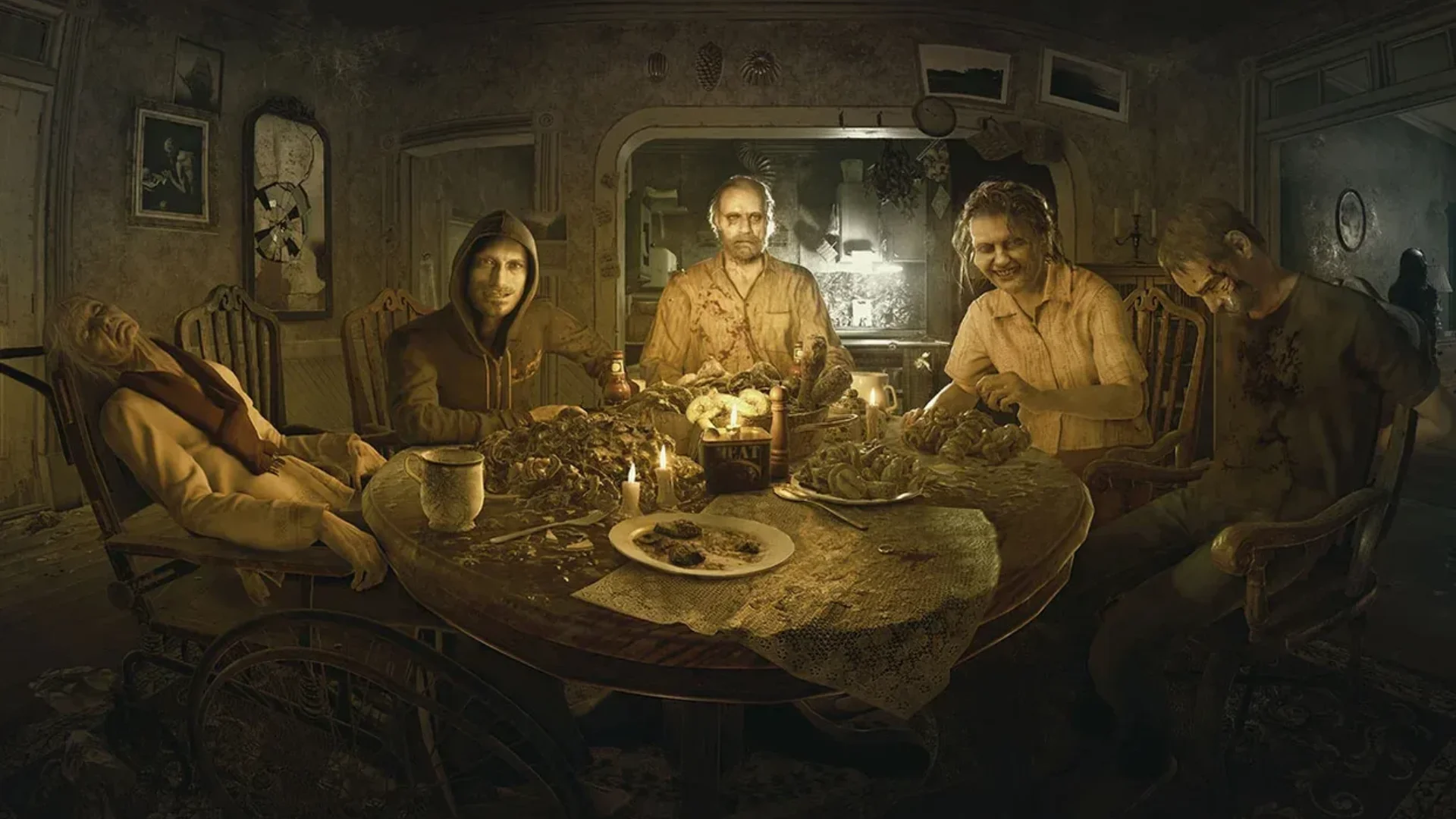 The Baker family sits around a disturbing dinner table in Resident Evil 7