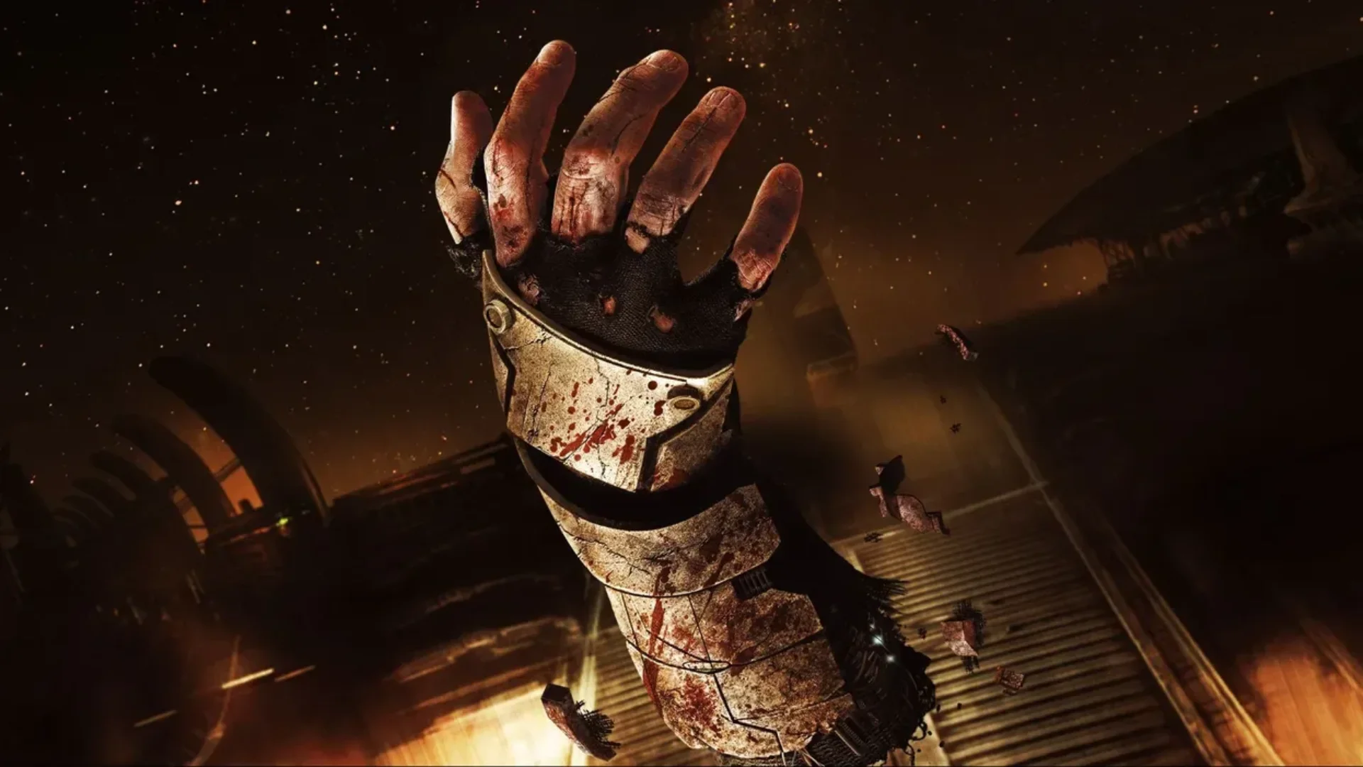 A bloody armored hand reaches upward in a dark Dead Space scene