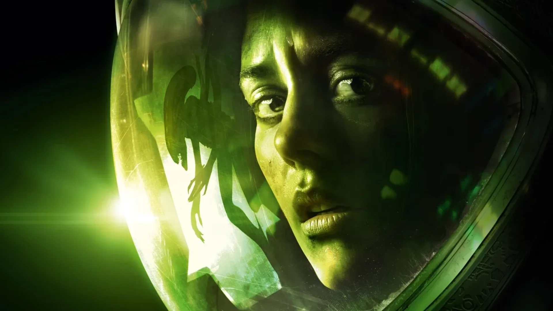 A terrified astronaut face is reflected beside an Alien silhouette