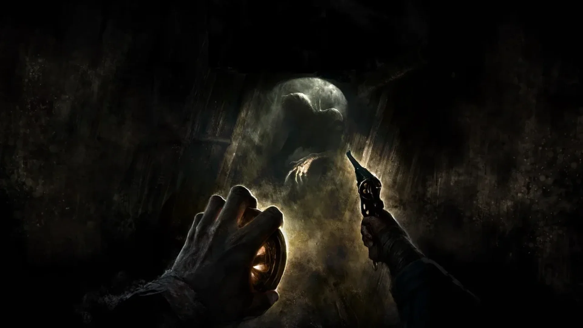 A player holds a revolver and lantern while a monster waits in the dark
