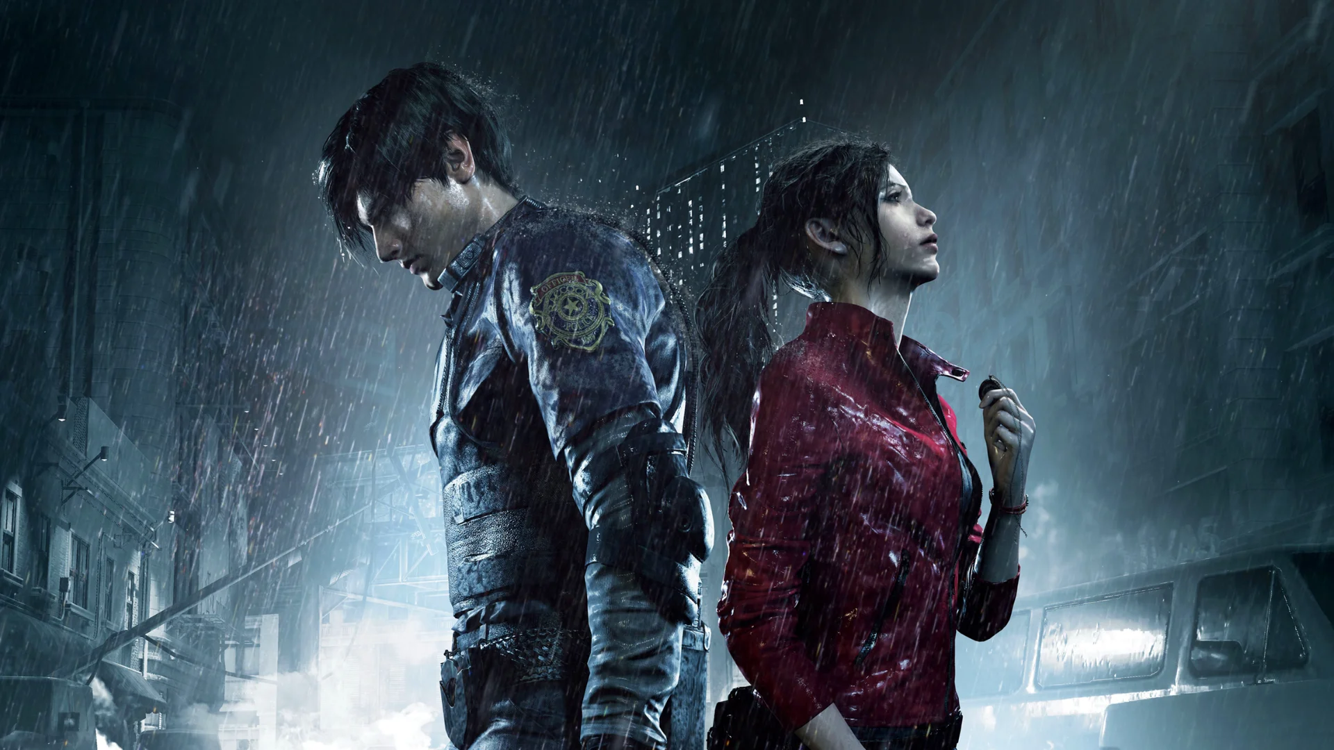 Leon and Claire stand back to back in the rain in Resident Evil 2