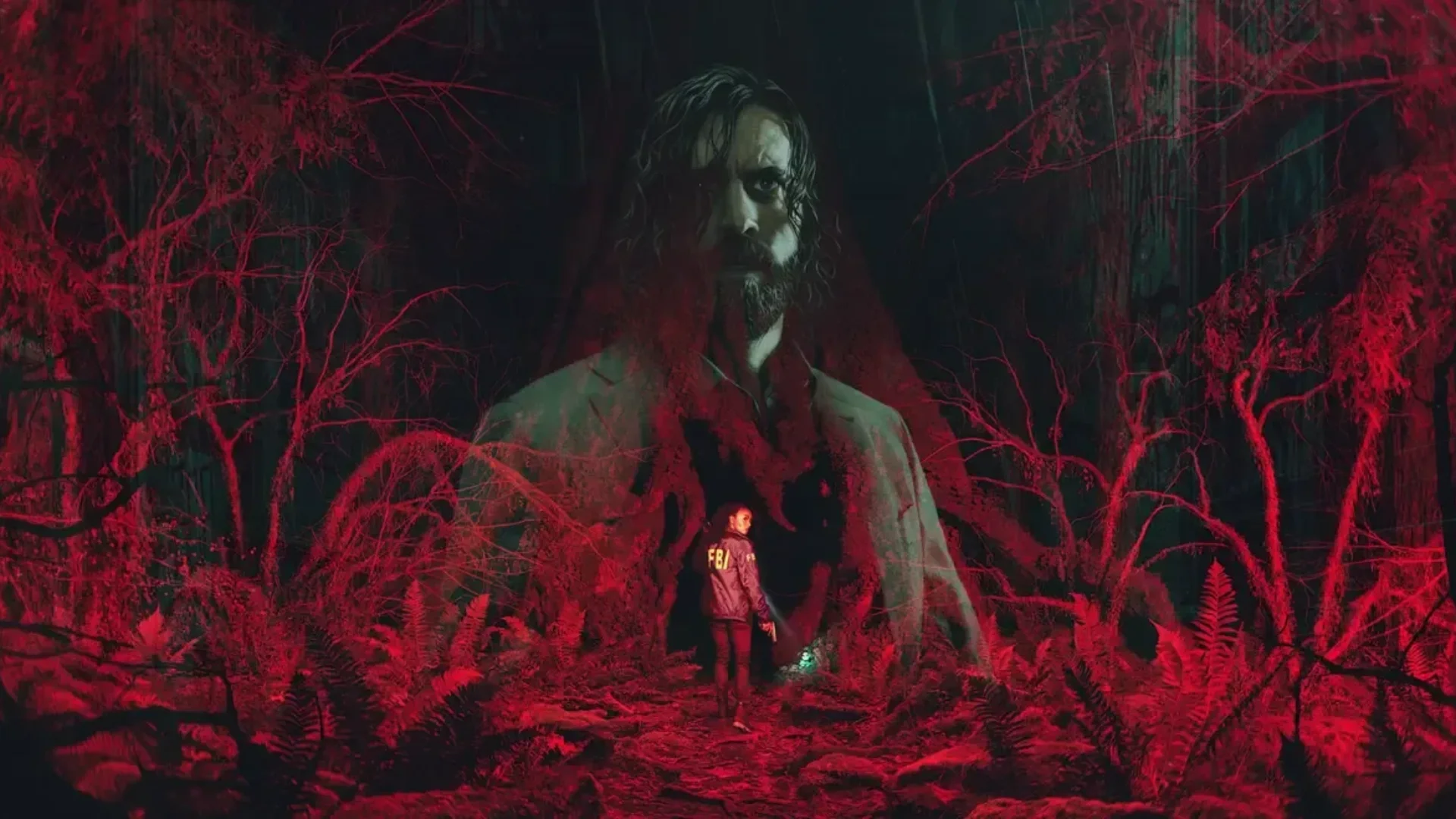 Alan Wake stands in a red forest as Saga Anderson explores a nightmare scene