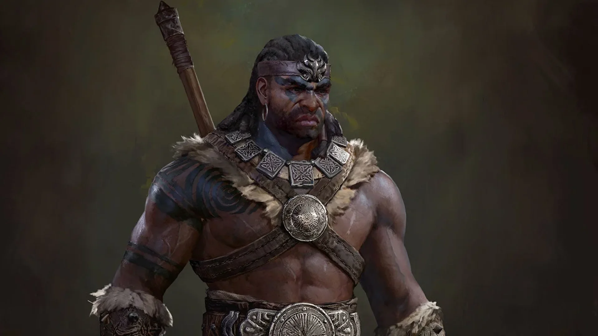 A muscular Barbarian stands with a large weapon in Diablo IV artwork