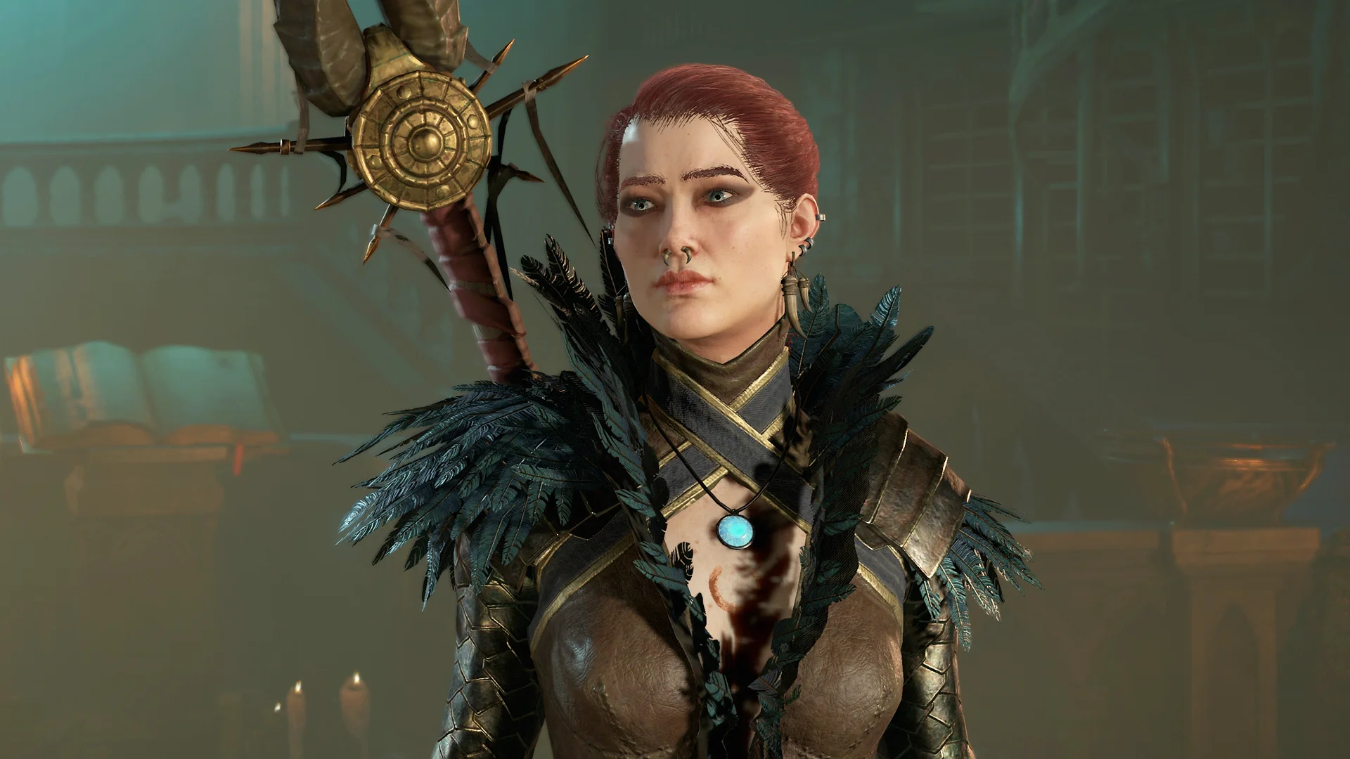 A Sorcerer stands with feathered armor and a staff in Diablo IV artwork