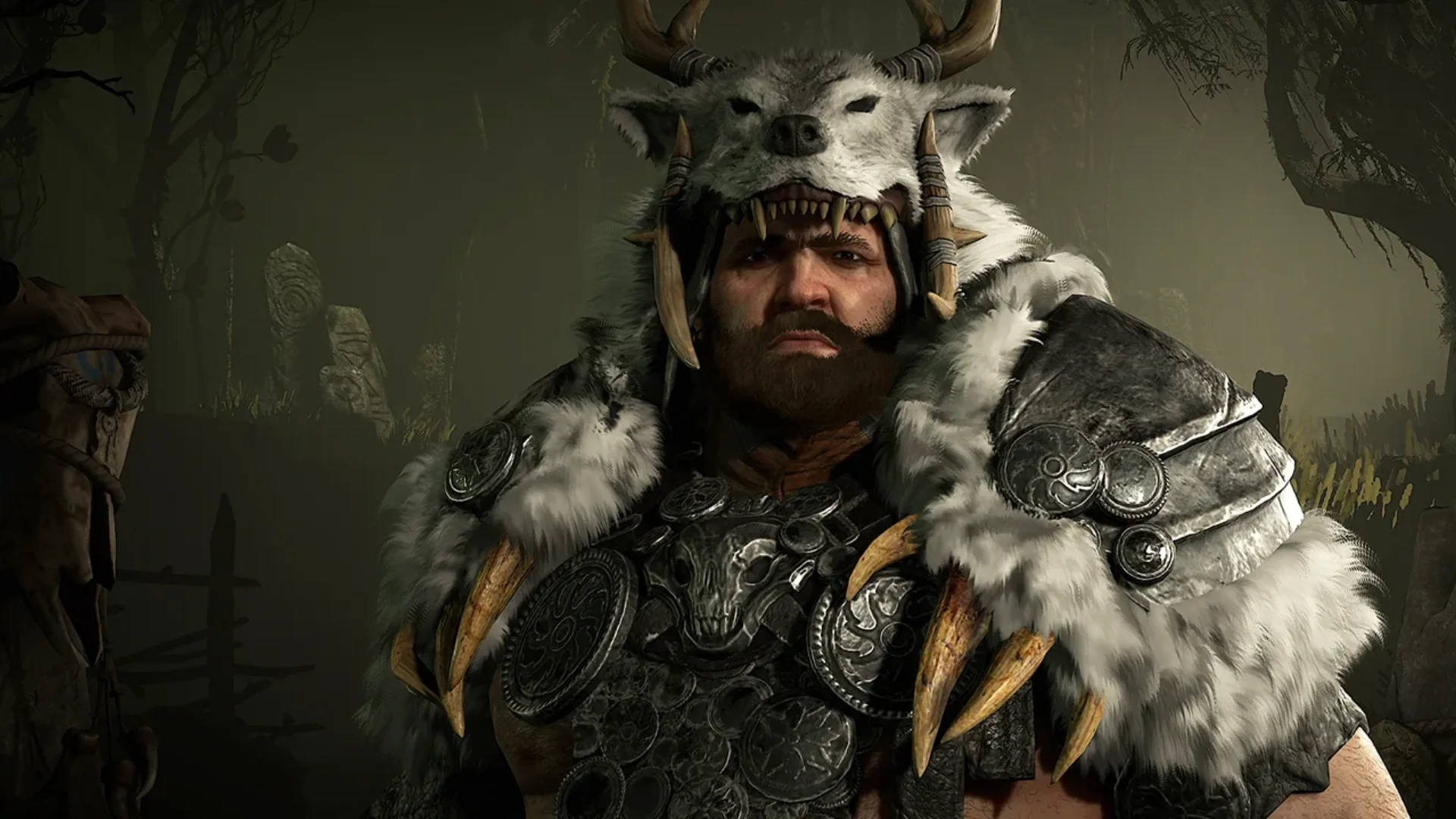 A Druid wears a white beast pelt and heavy armor in Diablo IV artwork