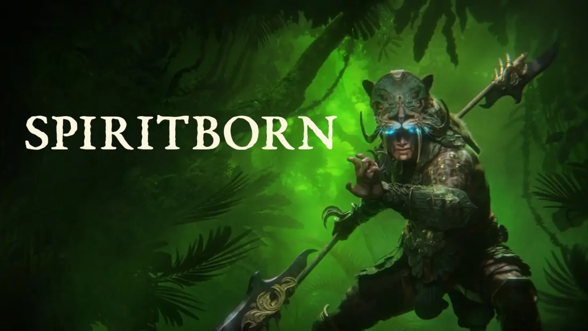 A Spiritborn warrior crouches in green jungle artwork with a spear