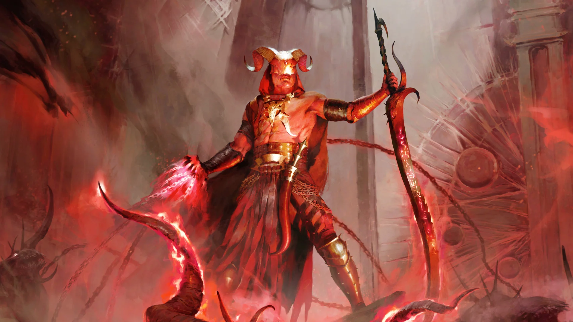 A horned Warlock channels red demonic magic in Diablo IV artwork