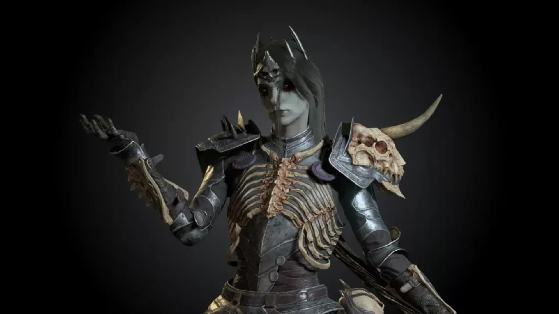 A skeletal Necromancer in armor poses against a dark background