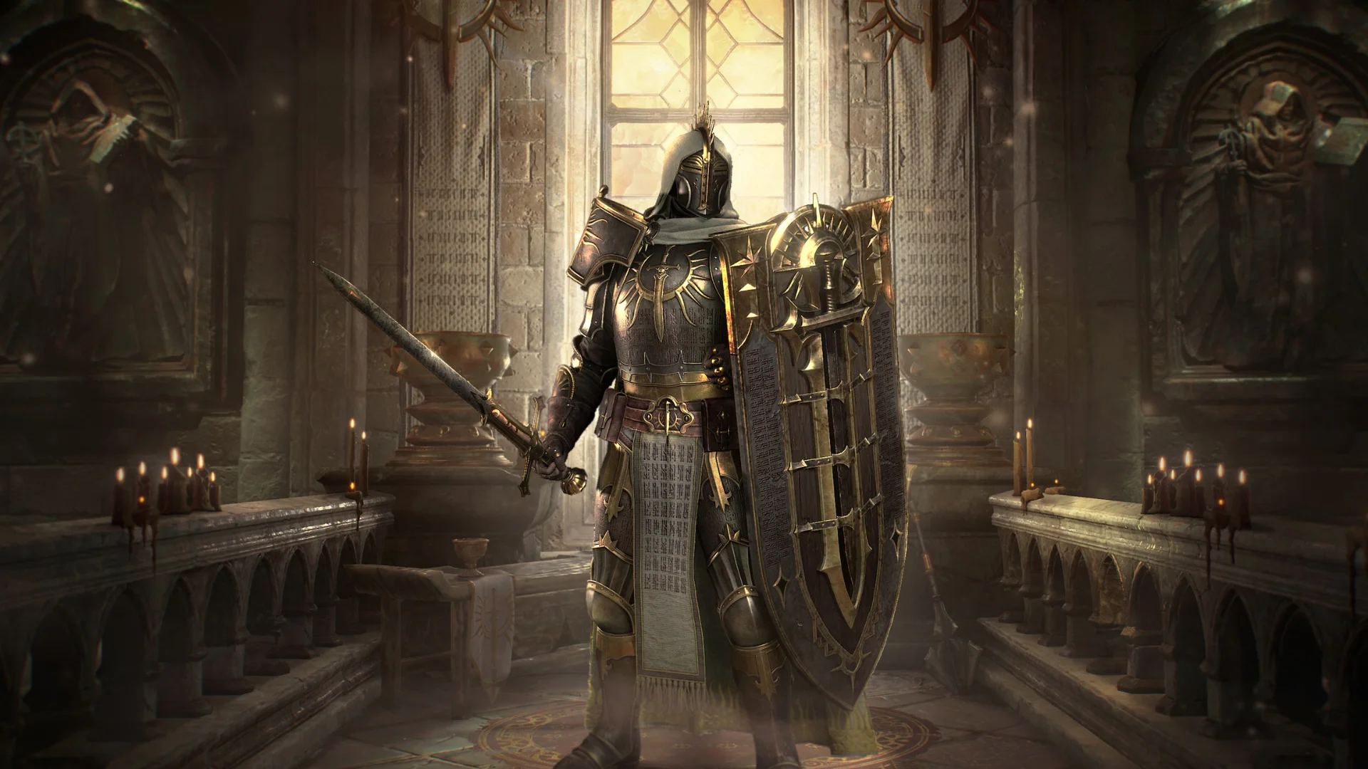 A heavily armored Paladin stands with a sword and shield inside a chapel