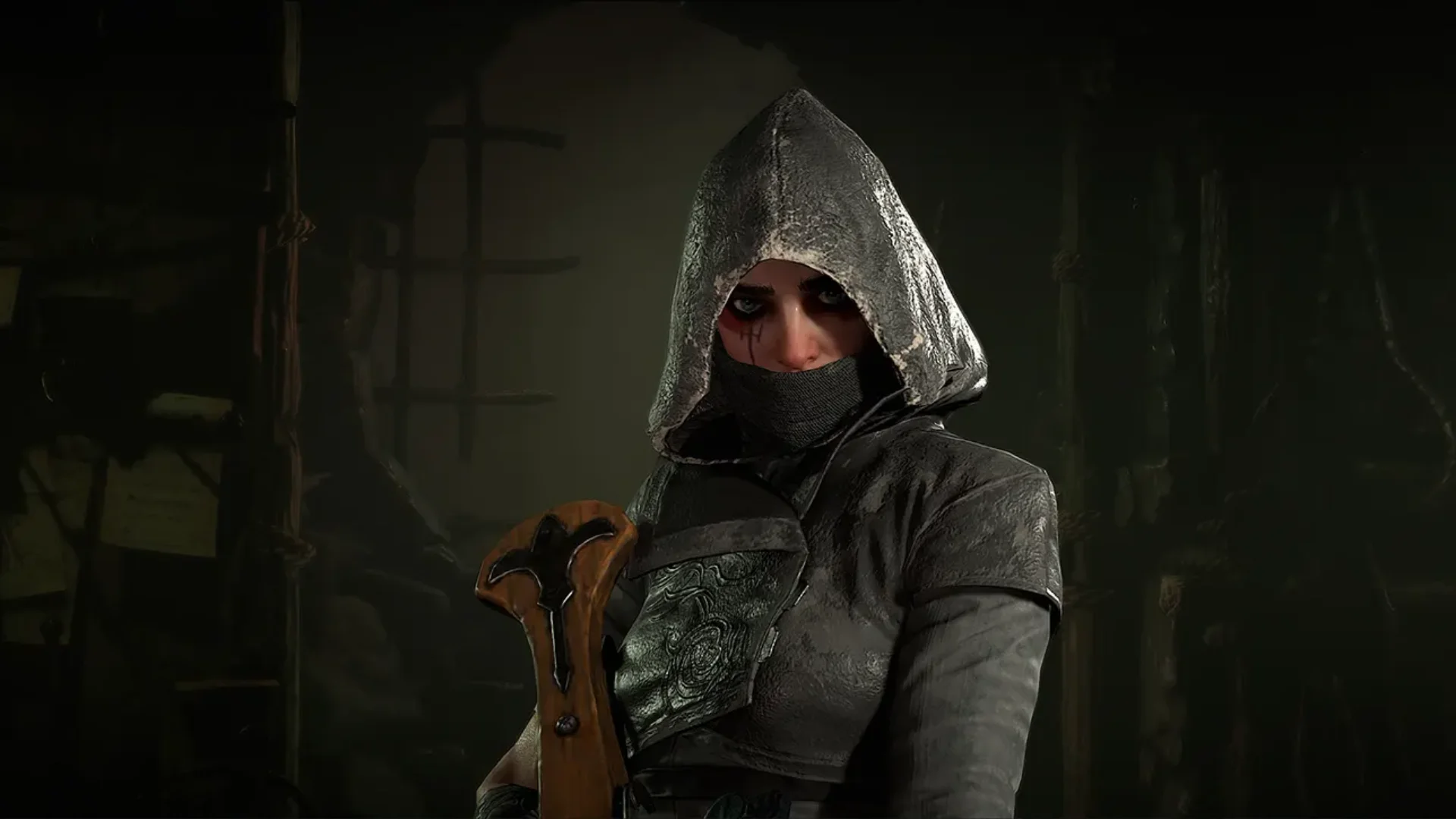 A hooded Rogue holds a weapon in dark Diablo IV artwork