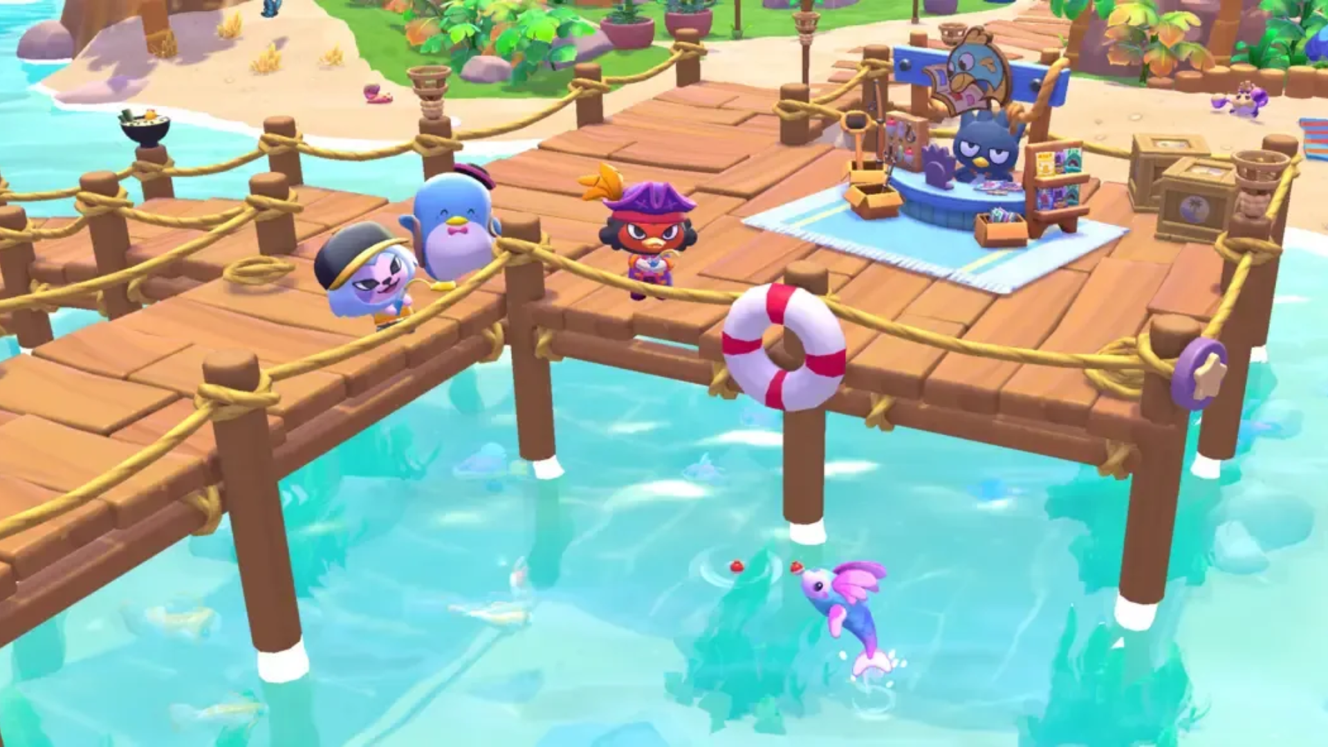 Hello Kitty Island Adventure characters stand on a sunny wooden dock above clear blue water
