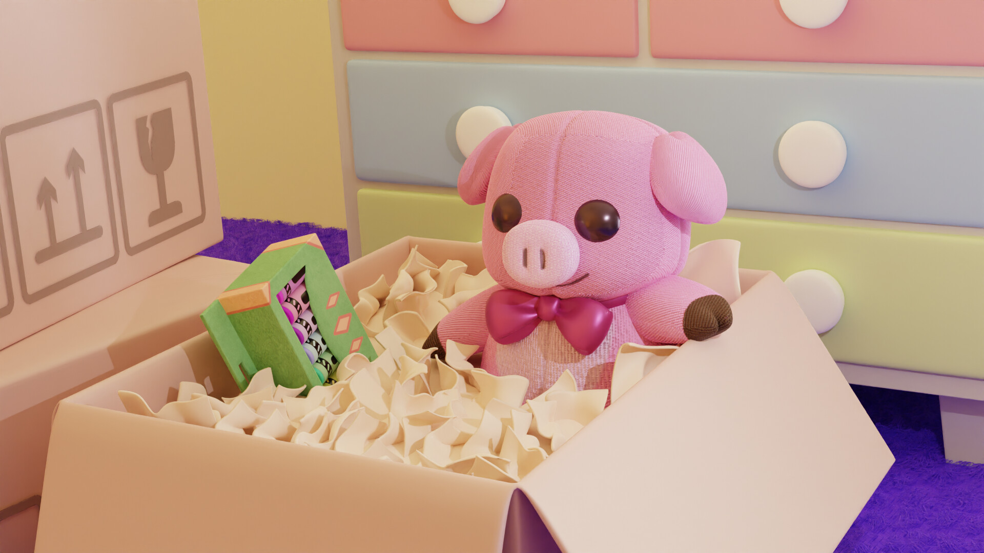 A pink stuffed pig sits inside a moving box beside small household items