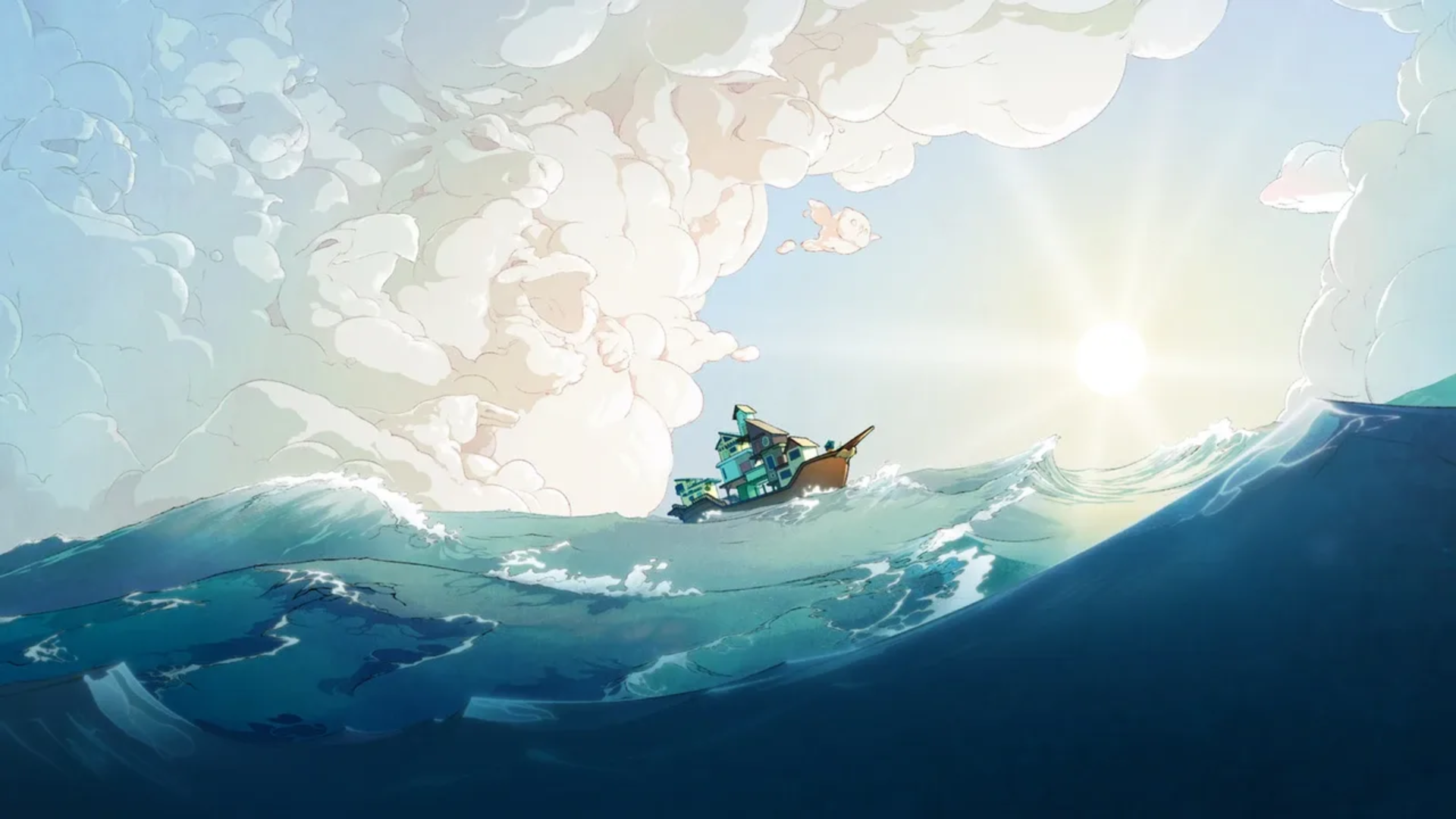 A small boat sails across large blue waves under bright clouds in Spiritfarer artwork