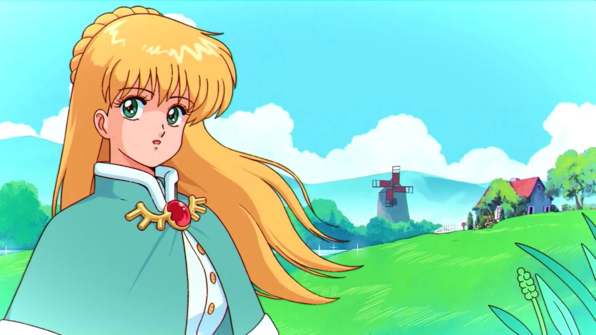 A blonde anime-style character stands in a bright countryside scene from Fields of Mistria