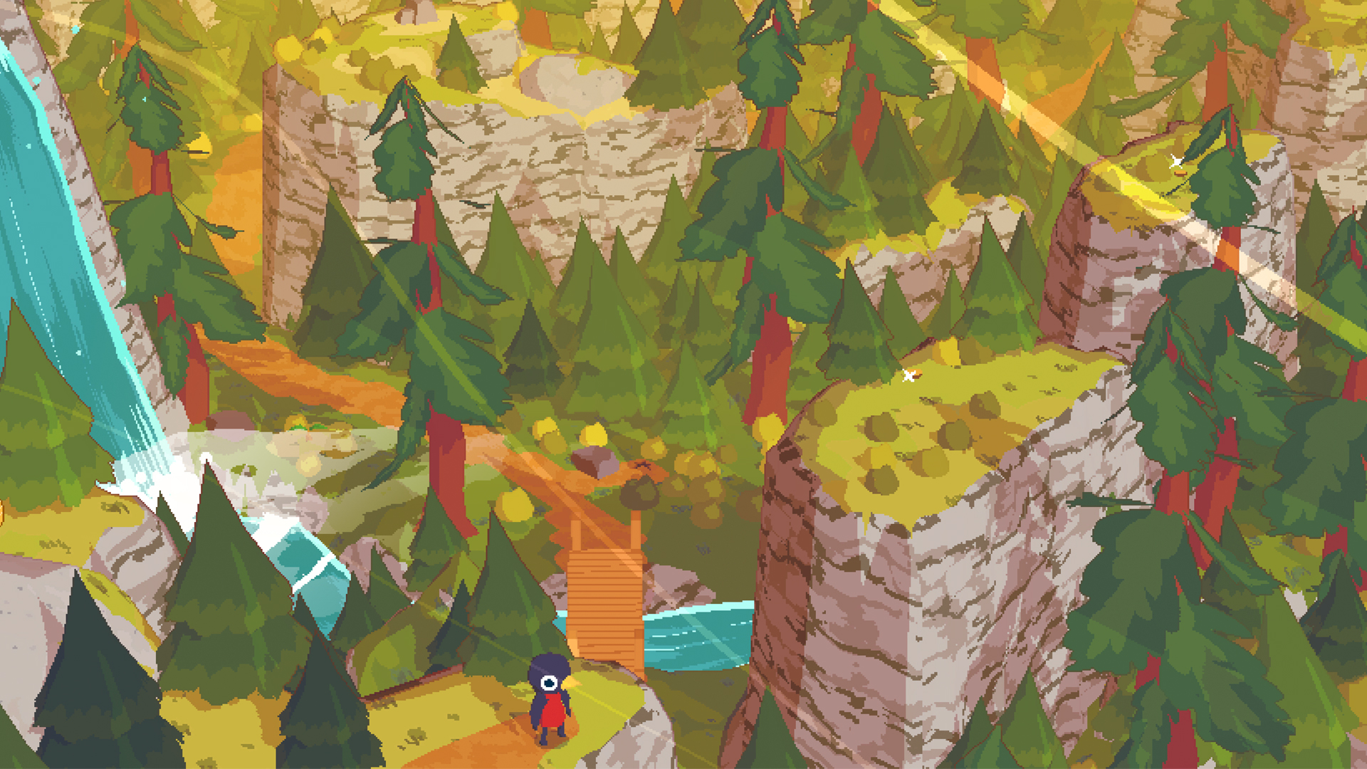 A small bird character explores a bright pixel art mountain trail near waterfalls