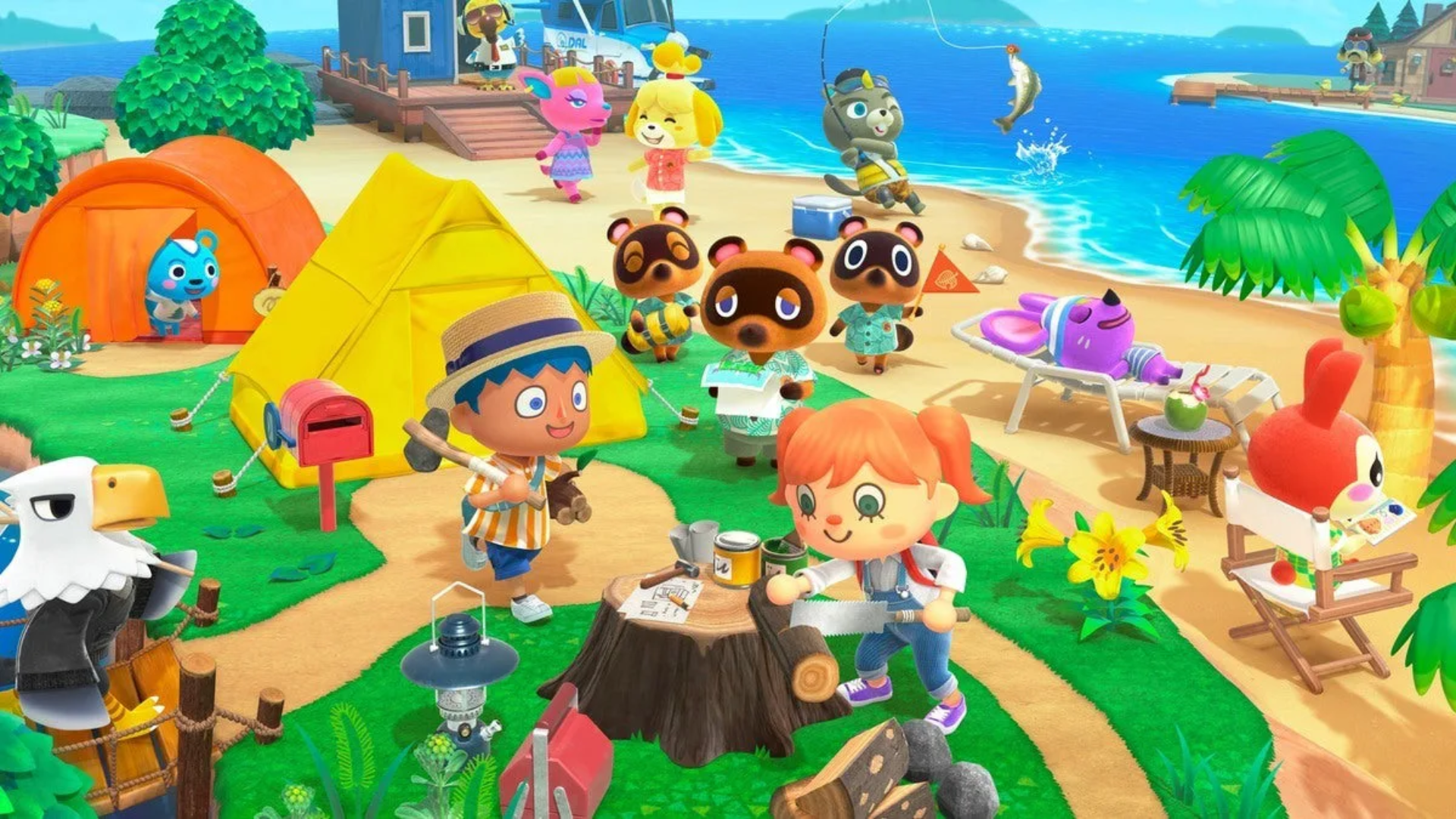 Animal Crossing characters relax and work together on a sunny beach island